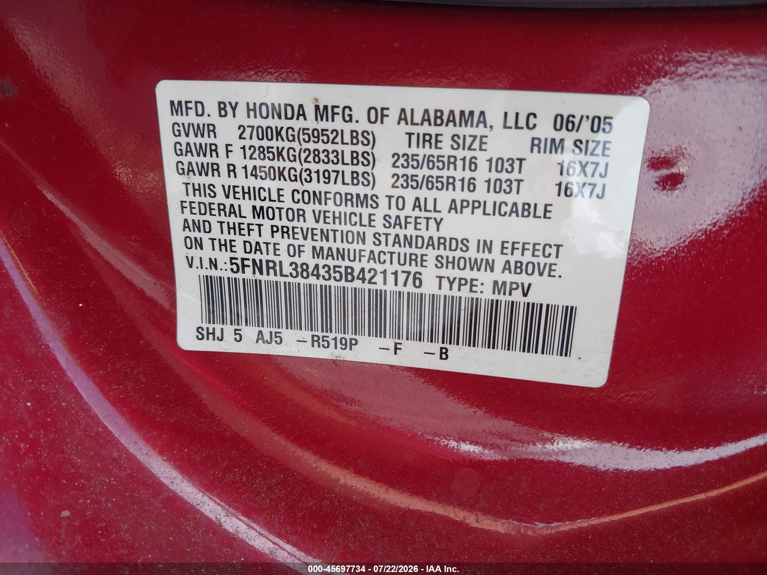 2005 Honda Odyssey Ex Red vin: 5FNRL38435B421176