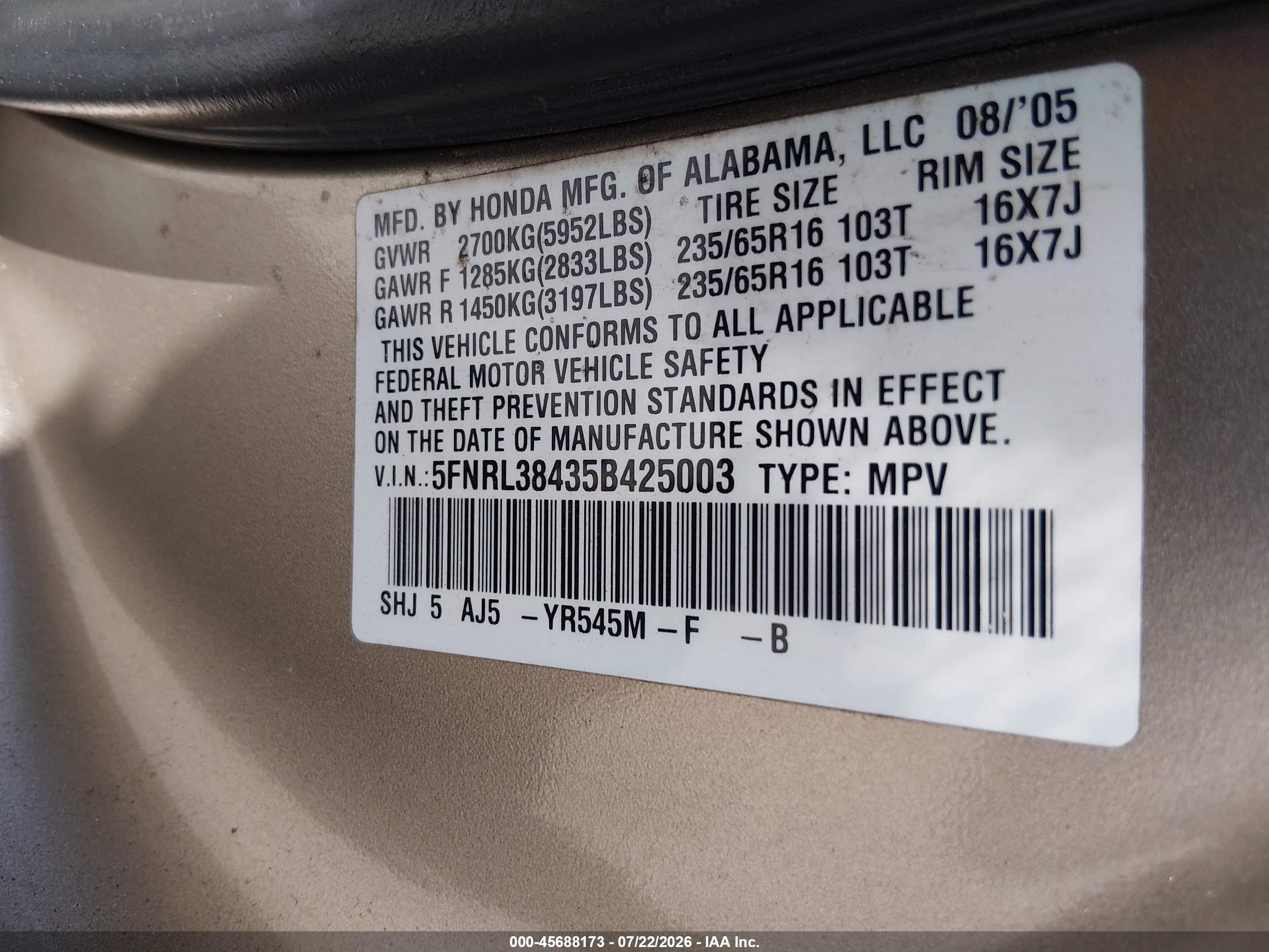 2005 Honda Odyssey Ex Gold vin: 5FNRL38435B425003