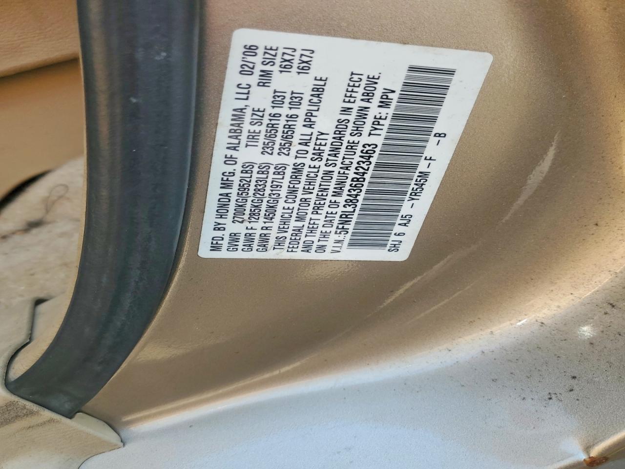 2006 Honda Odyssey Ex Gold vin: 5FNRL38436B423463
