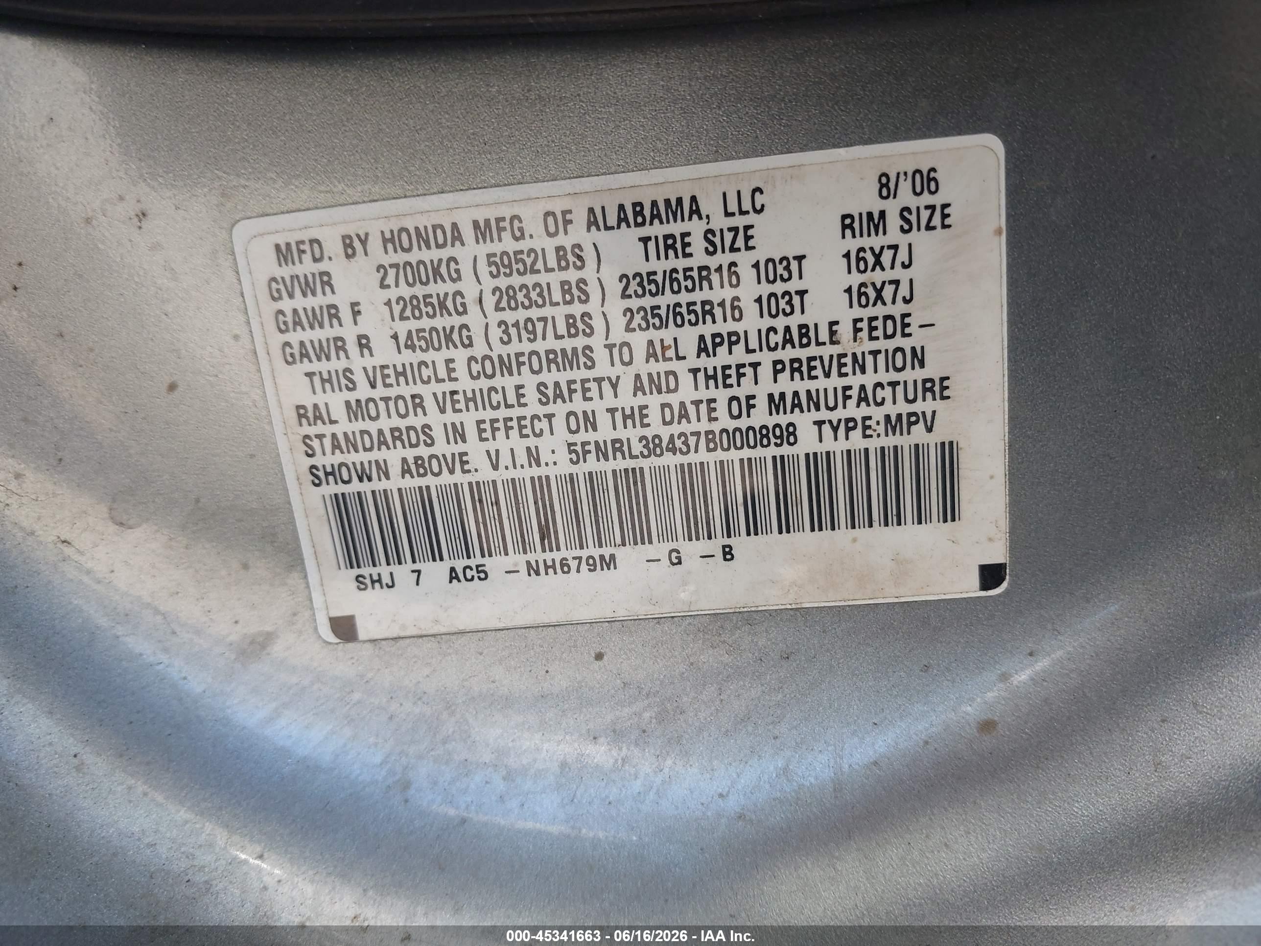 2007 Honda Odyssey Ex Silver vin: 5FNRL38437B000898