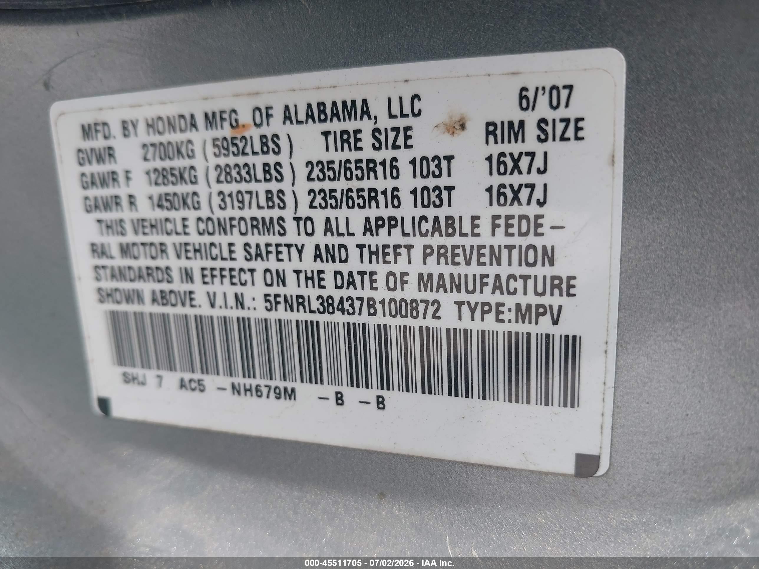 2007 Honda Odyssey Ex Silver vin: 5FNRL38437B100872