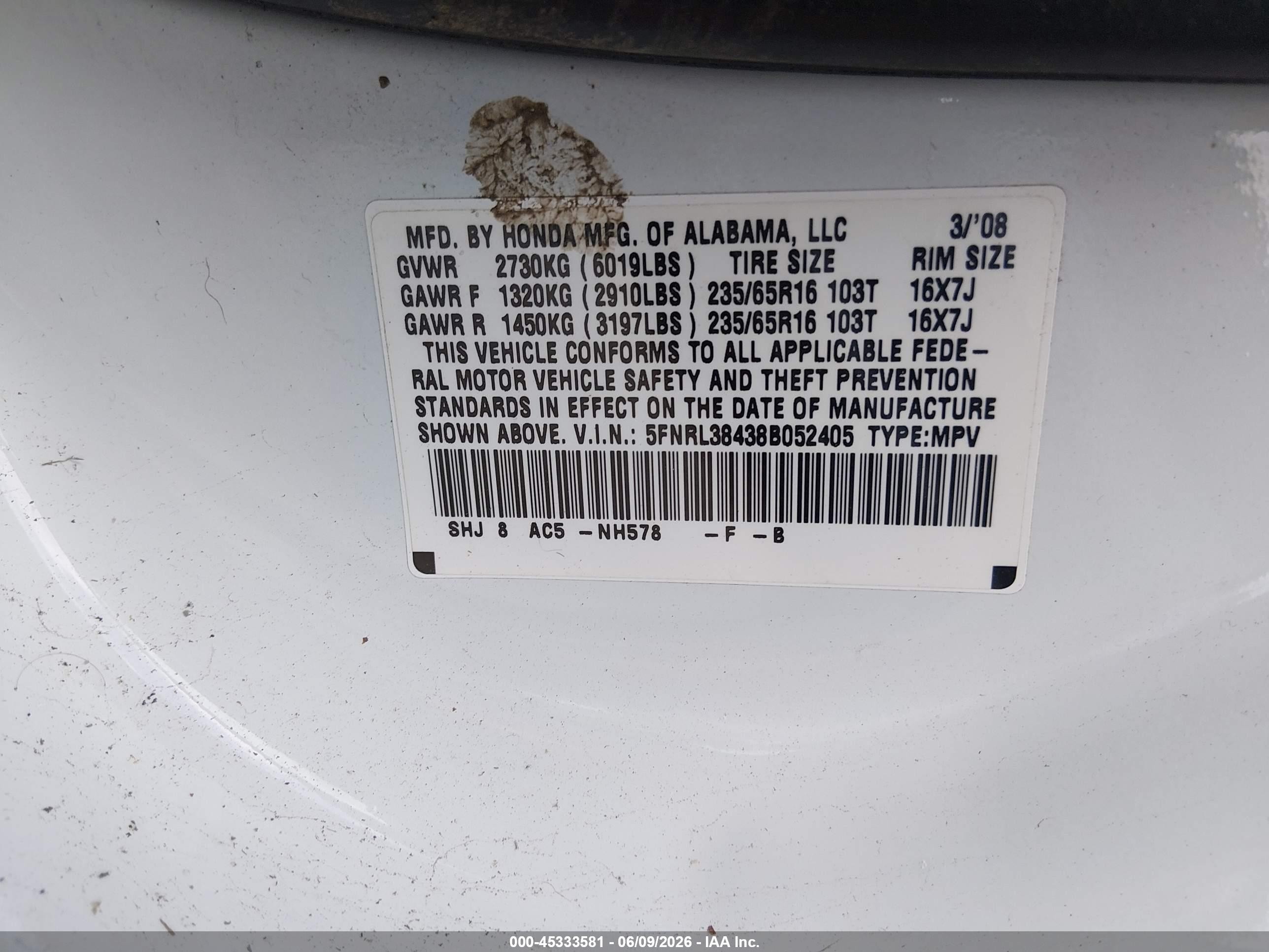 2008 Honda Odyssey Ex White vin: 5FNRL38438B052405