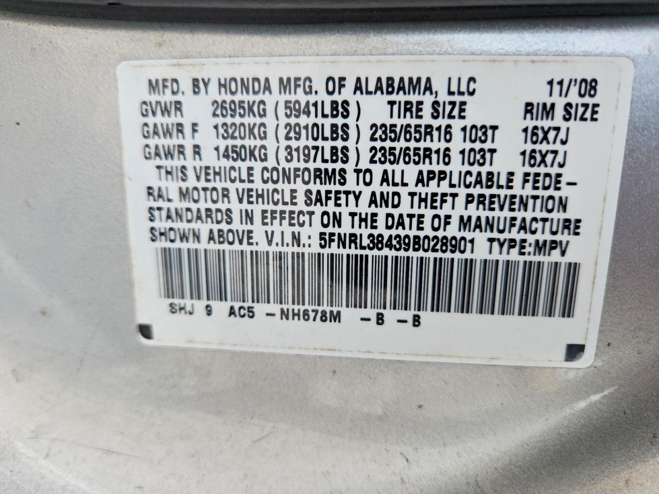 2009 Honda Odyssey Ex Silver vin: 5FNRL38439B028901