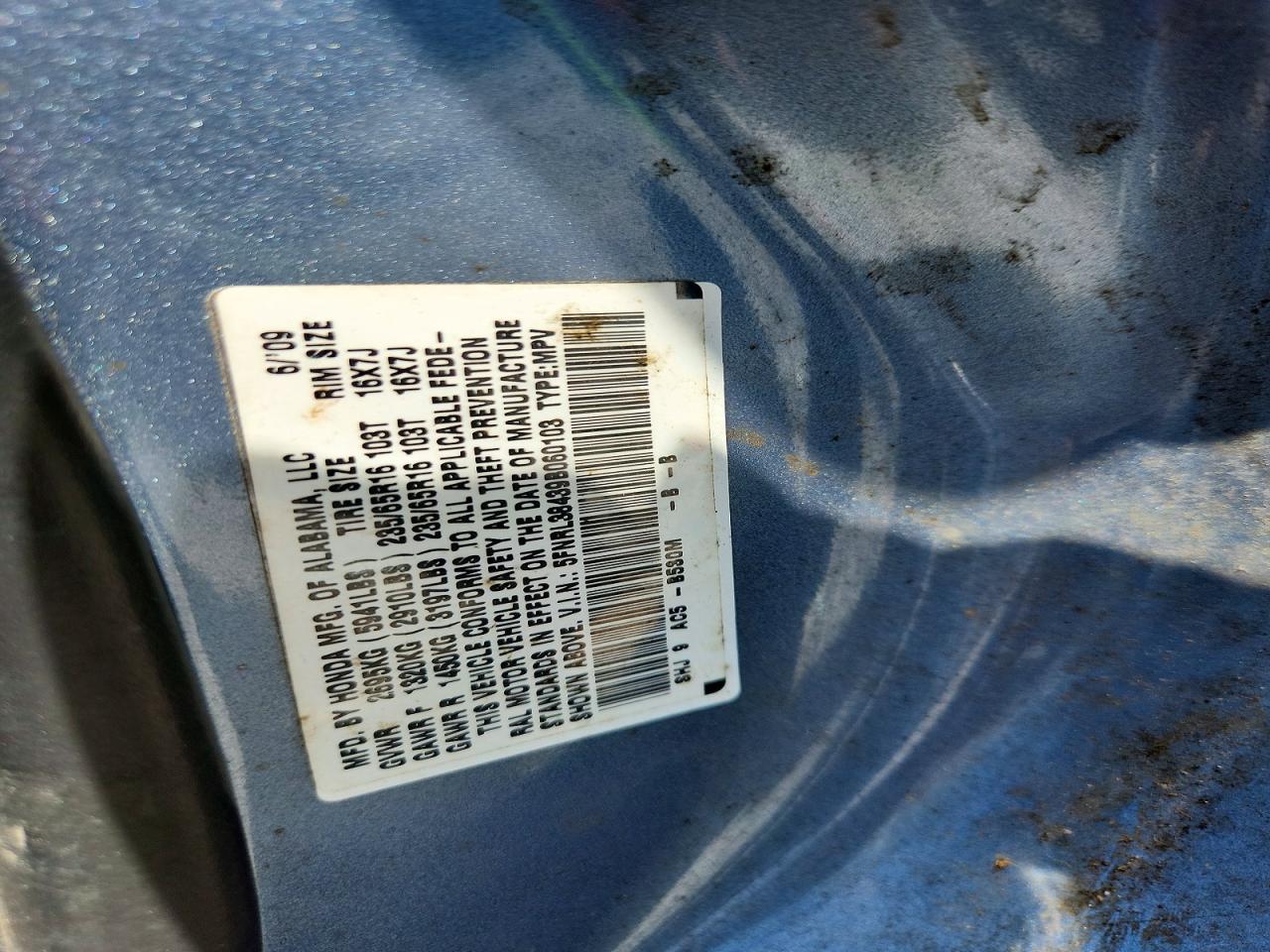 2009 Honda Odyssey Ex Blue vin: 5FNRL38439B060103