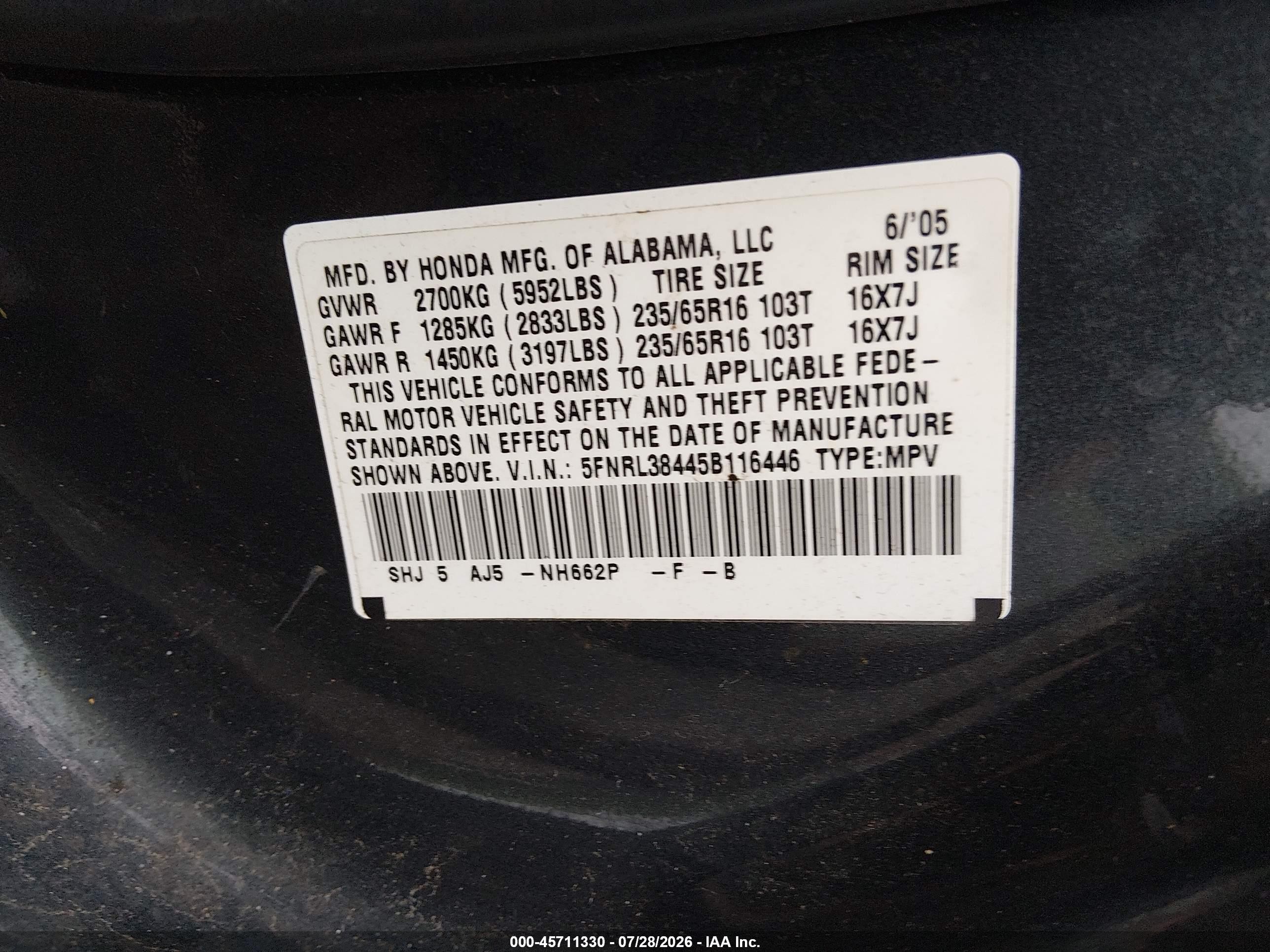 2005 Honda Odyssey Ex Gray vin: 5FNRL38445B116446