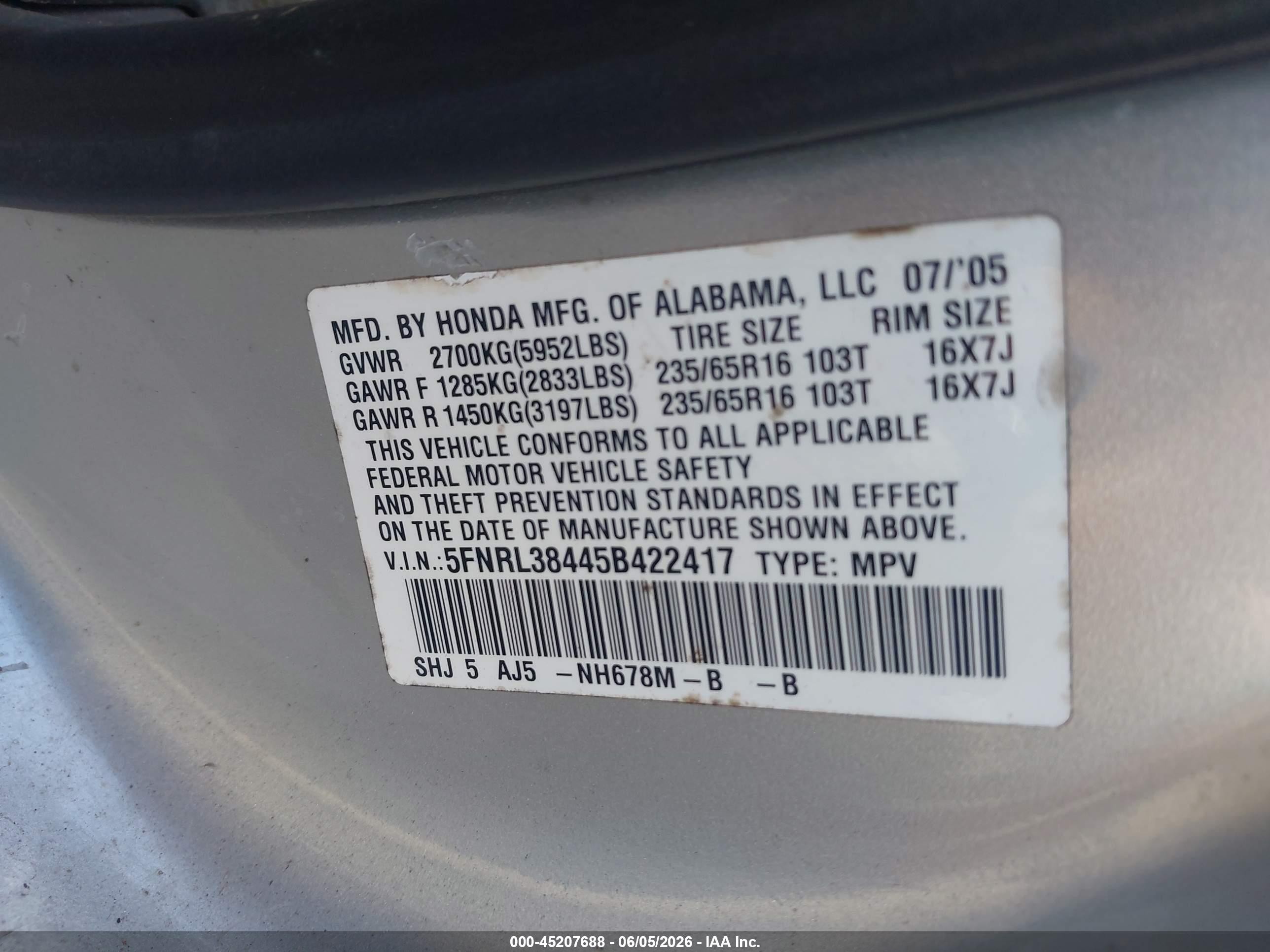 2005 Honda Odyssey Ex Silver vin: 5FNRL38445B422417