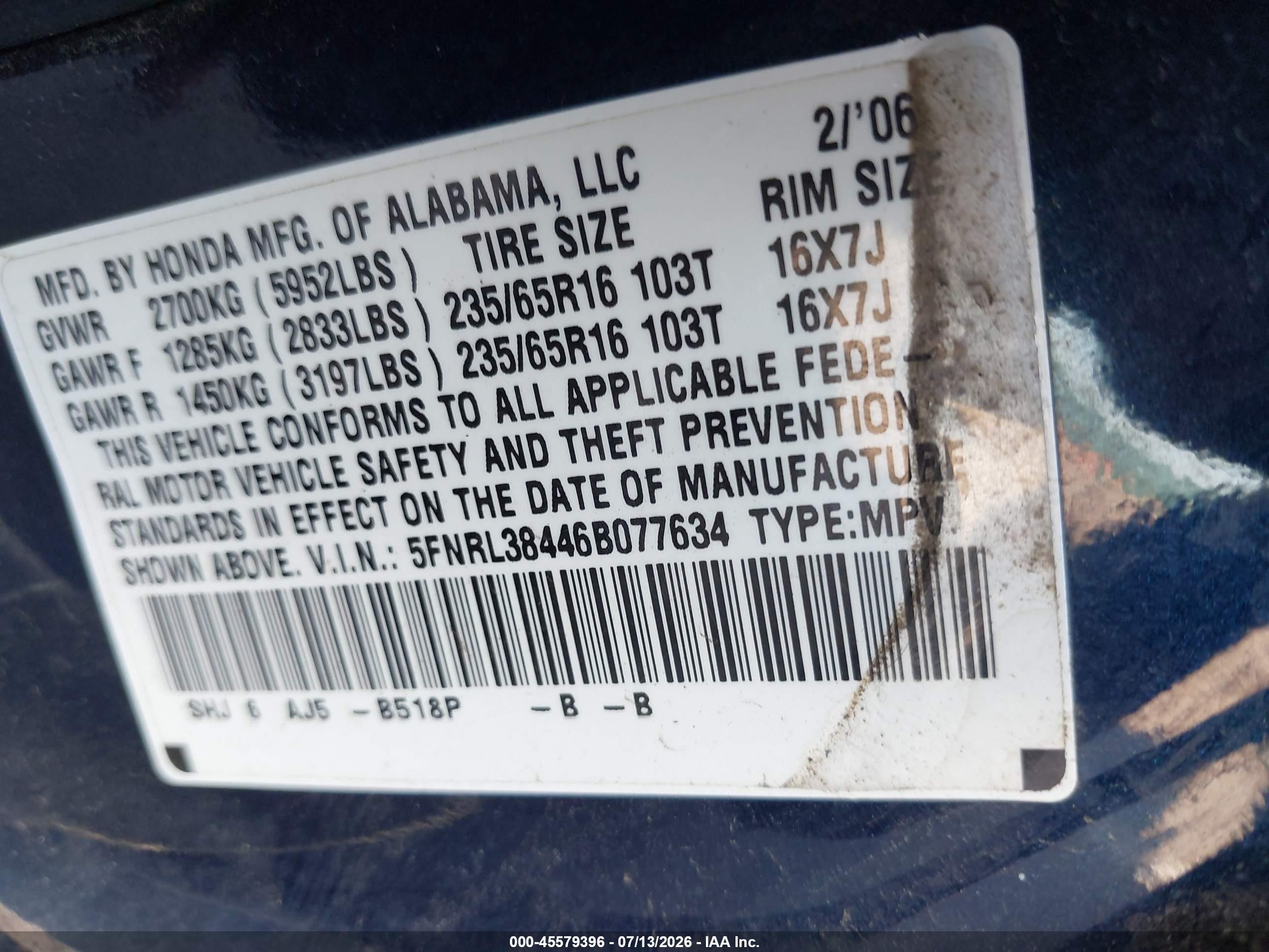 2006 Honda Odyssey Ex Blue vin: 5FNRL38446B077634
