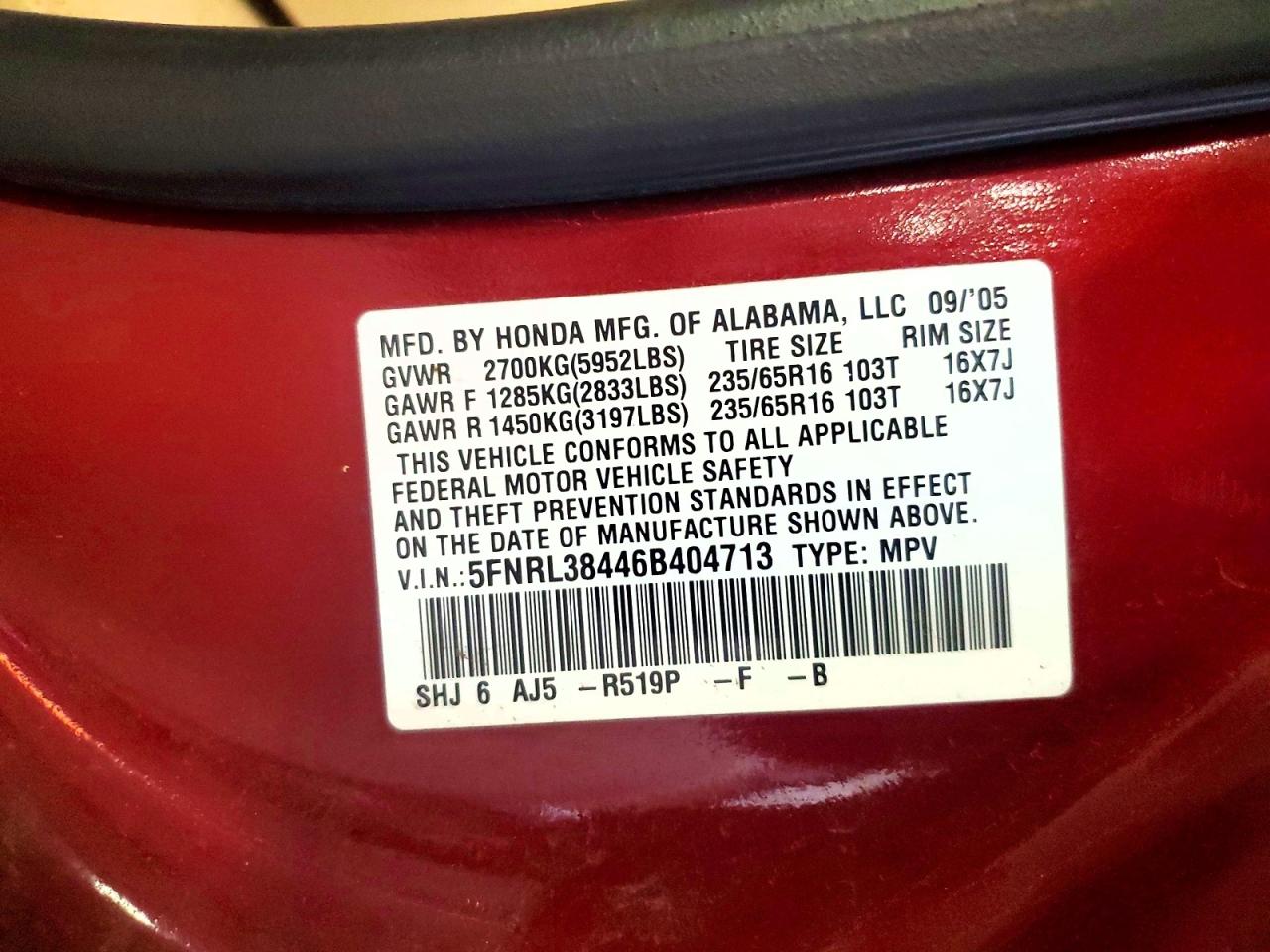 2006 Honda Odyssey Ex Red vin: 5FNRL38446B404713