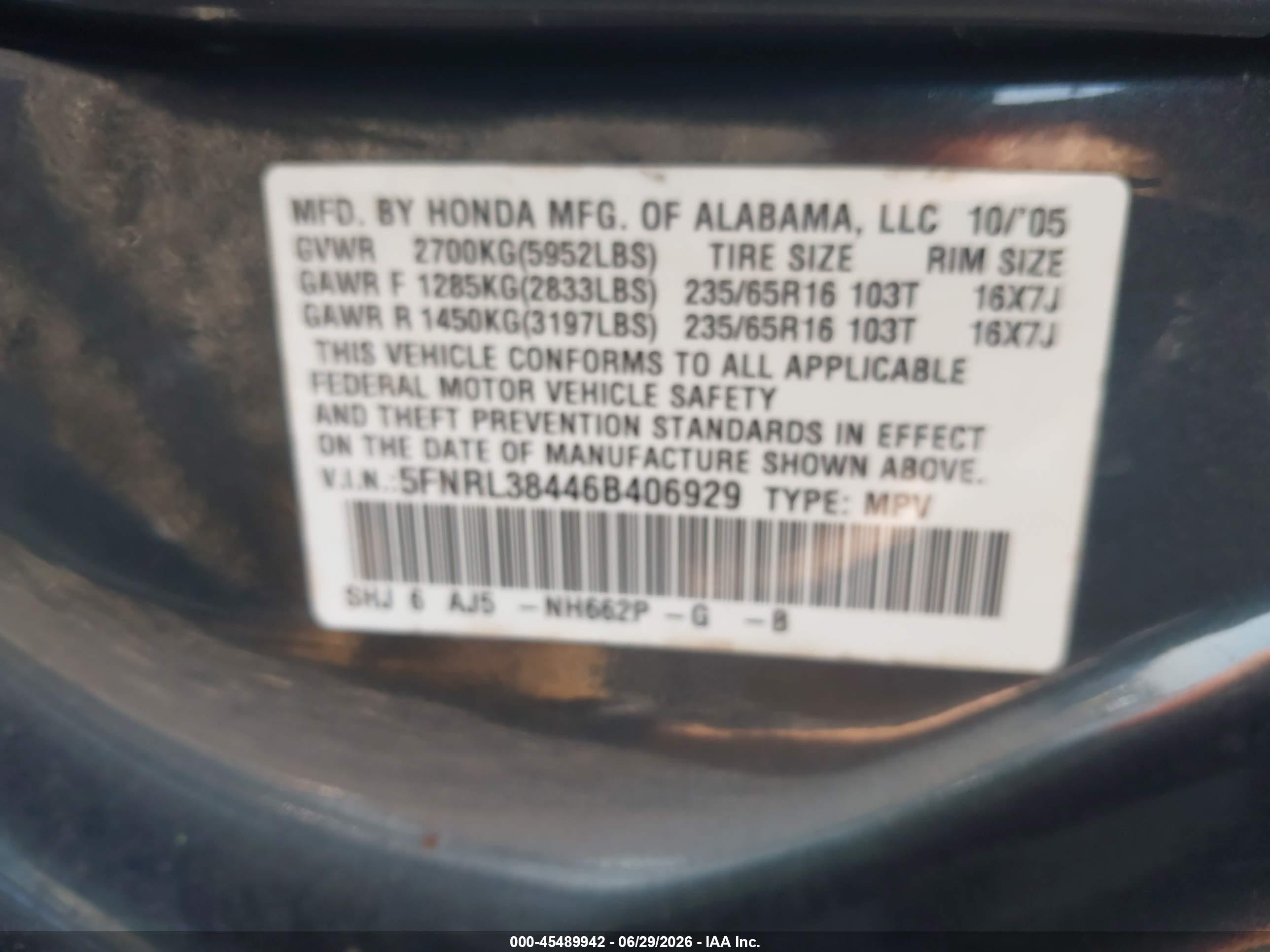 2006 Honda Odyssey Ex Gray vin: 5FNRL38446B406929