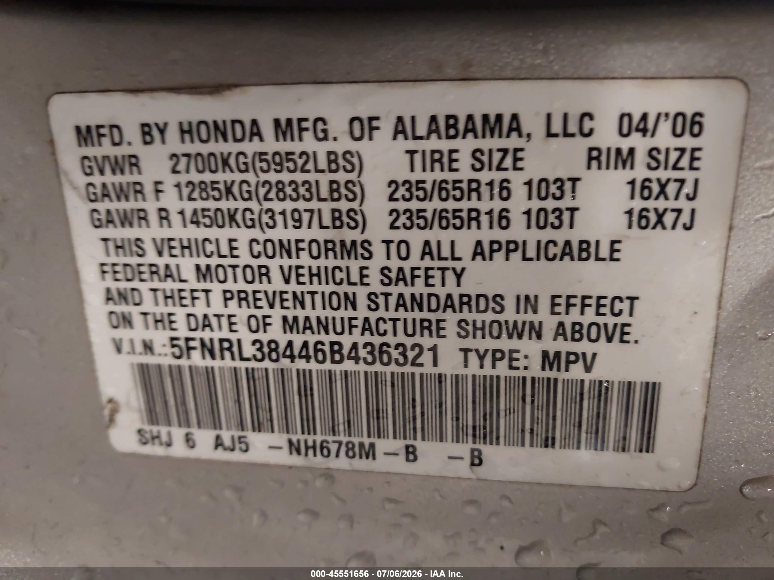 2006 Honda Odyssey Ex Серебряный vin: 5FNRL38446B436321