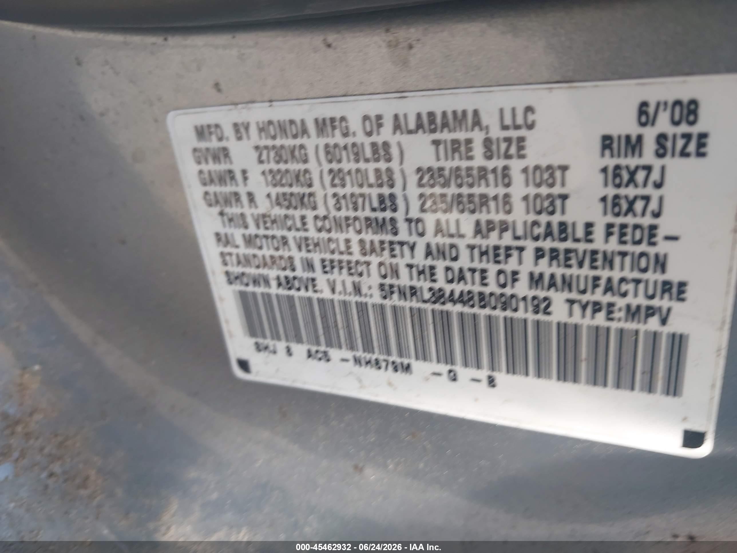2008 Honda Odyssey Ex Серебряный vin: 5FNRL38448B090192