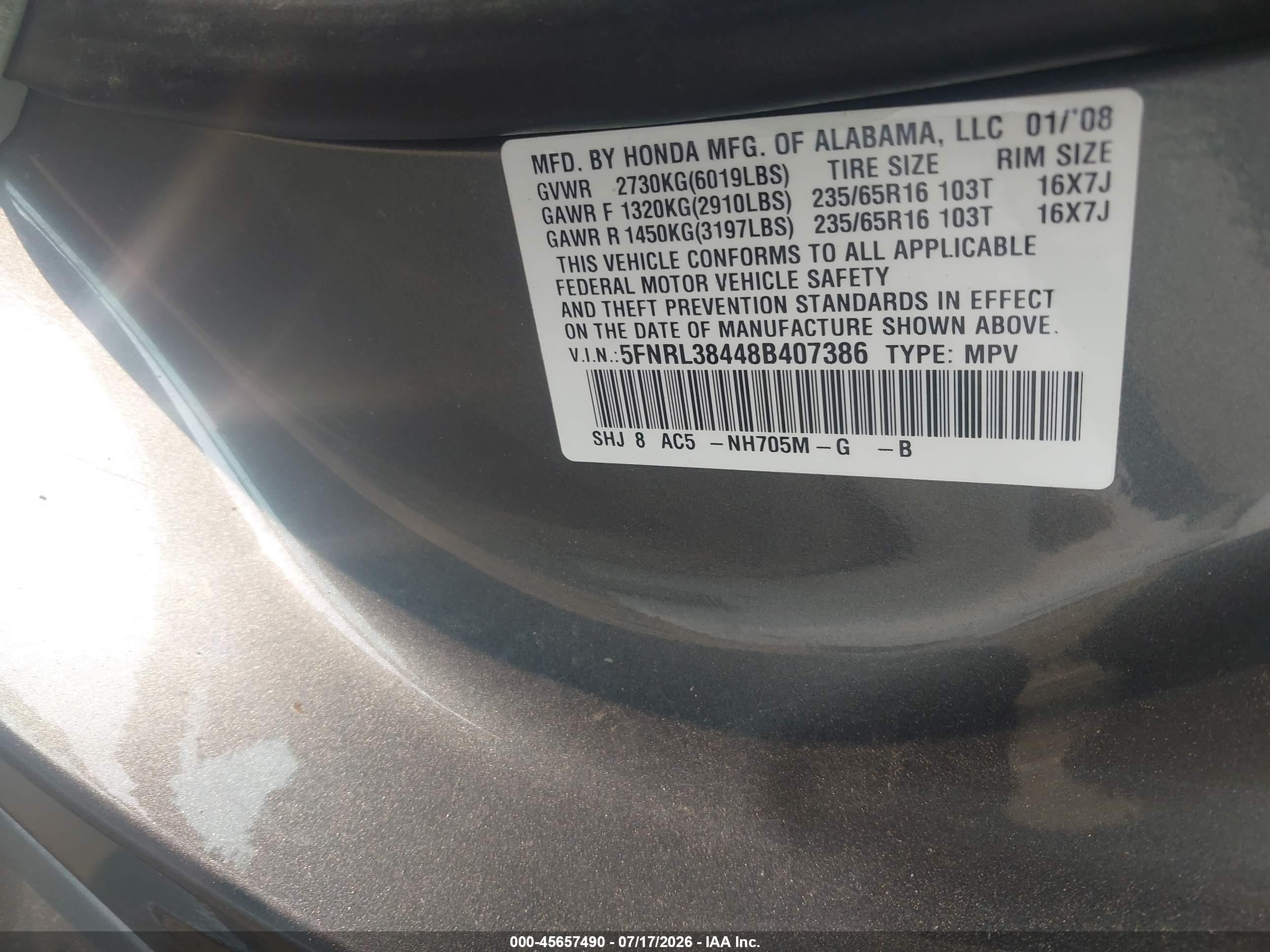 2008 Honda Odyssey Ex Gray vin: 5FNRL38448B407386