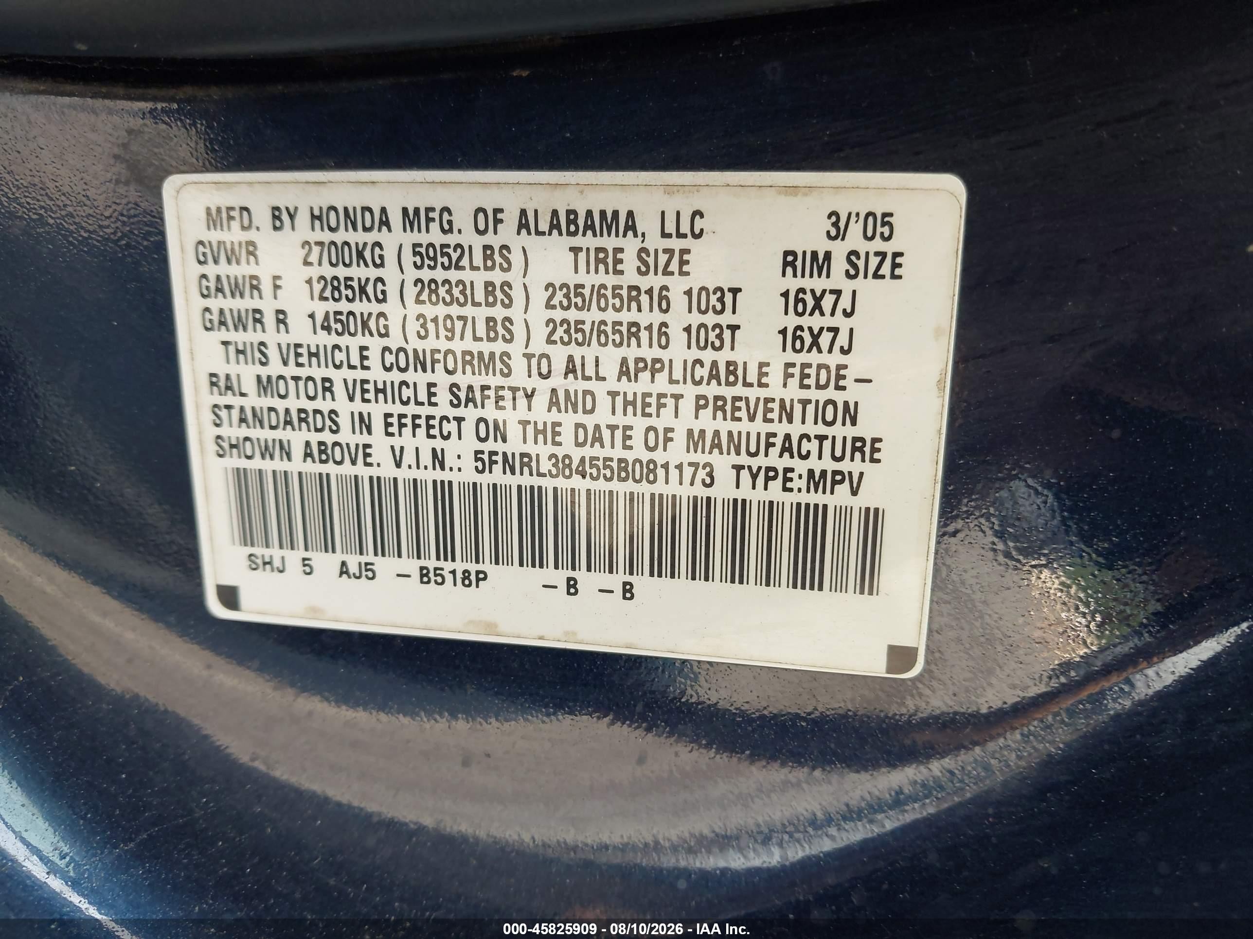2005 Honda Odyssey Ex Blue vin: 5FNRL38455B081173
