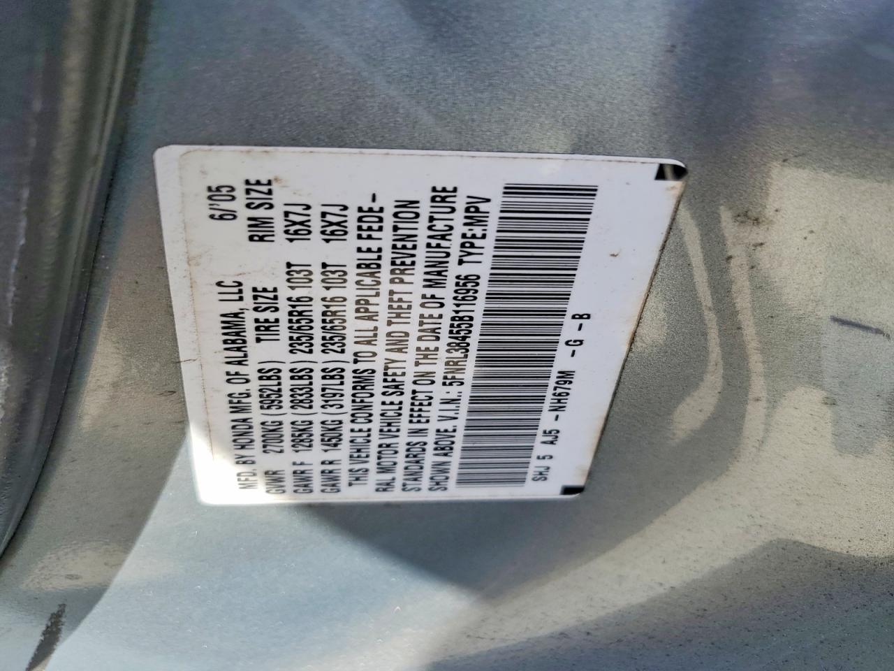 2005 Honda Odyssey Ex Turquoise vin: 5FNRL38455B116956