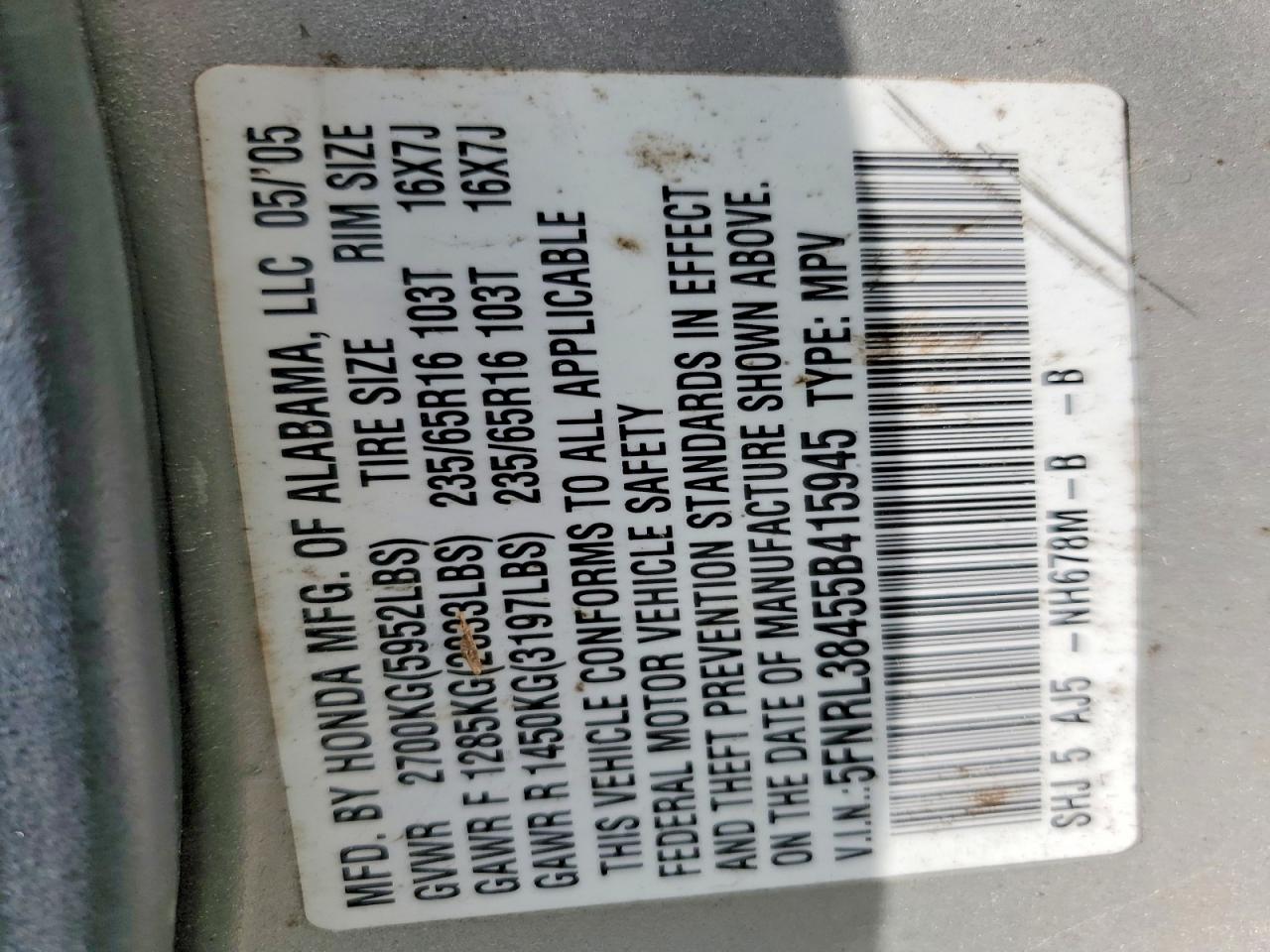 2005 Honda Odyssey Ex Silver vin: 5FNRL38455B415945