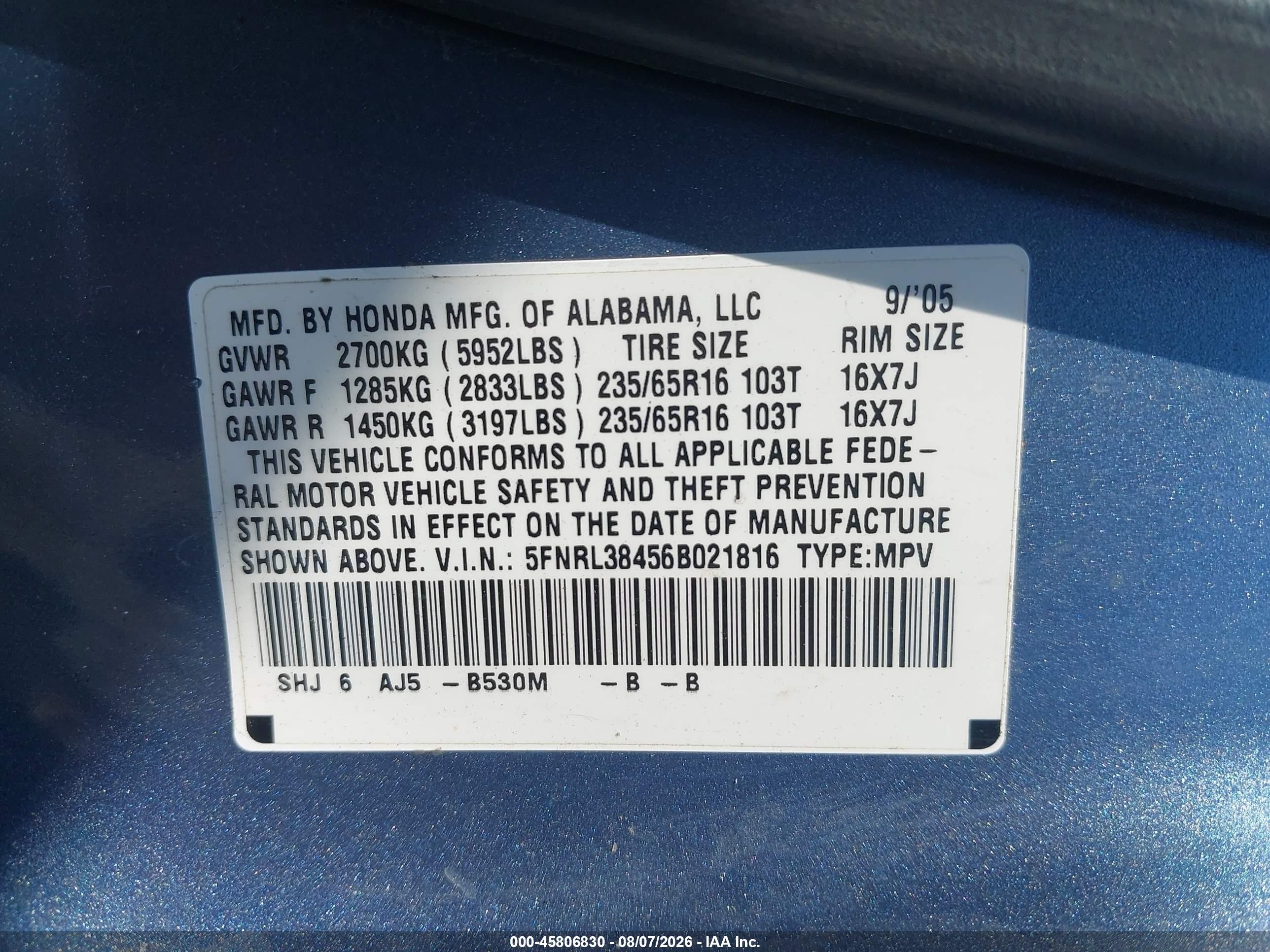 2006 Honda Odyssey Ex Blue vin: 5FNRL38456B021816