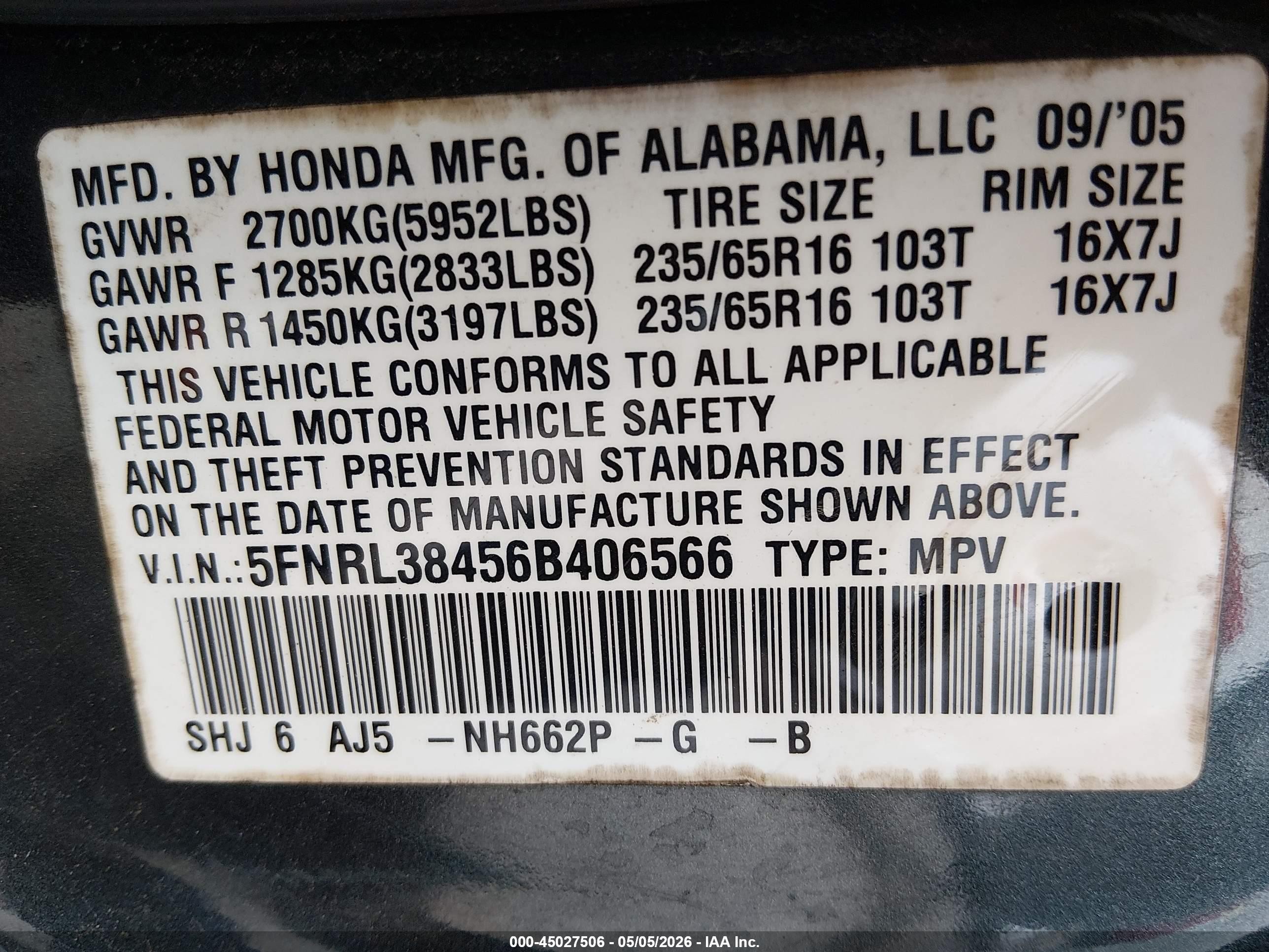 2006 Honda Odyssey Ex Navy vin: 5FNRL38456B406566