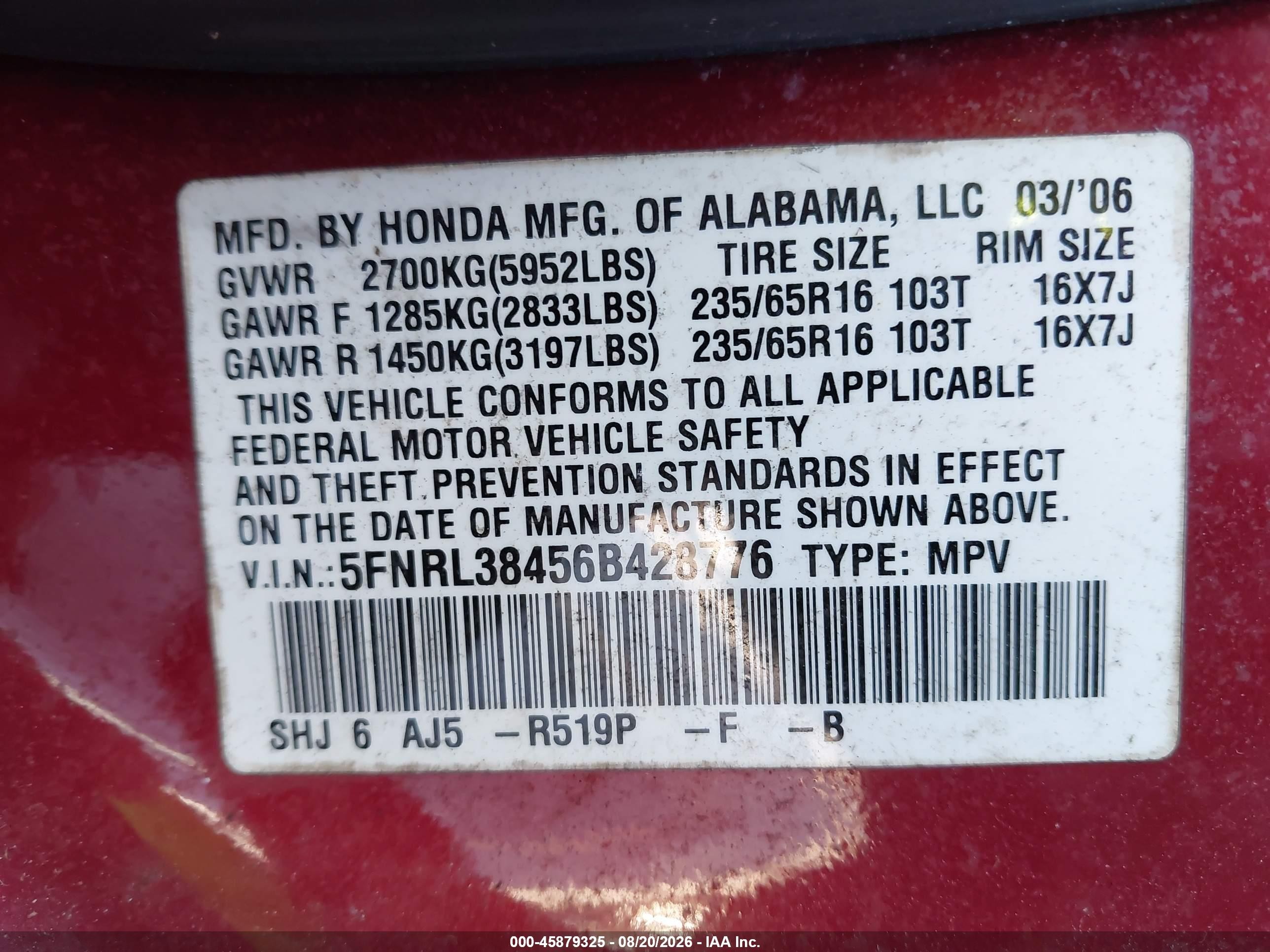 2006 Honda Odyssey Ex Red vin: 5FNRL38456B428776