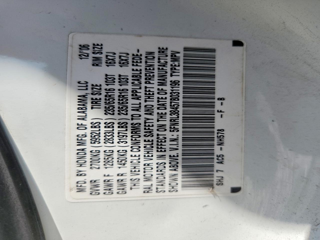 2007 Honda Odyssey Ex White vin: 5FNRL38457B031196