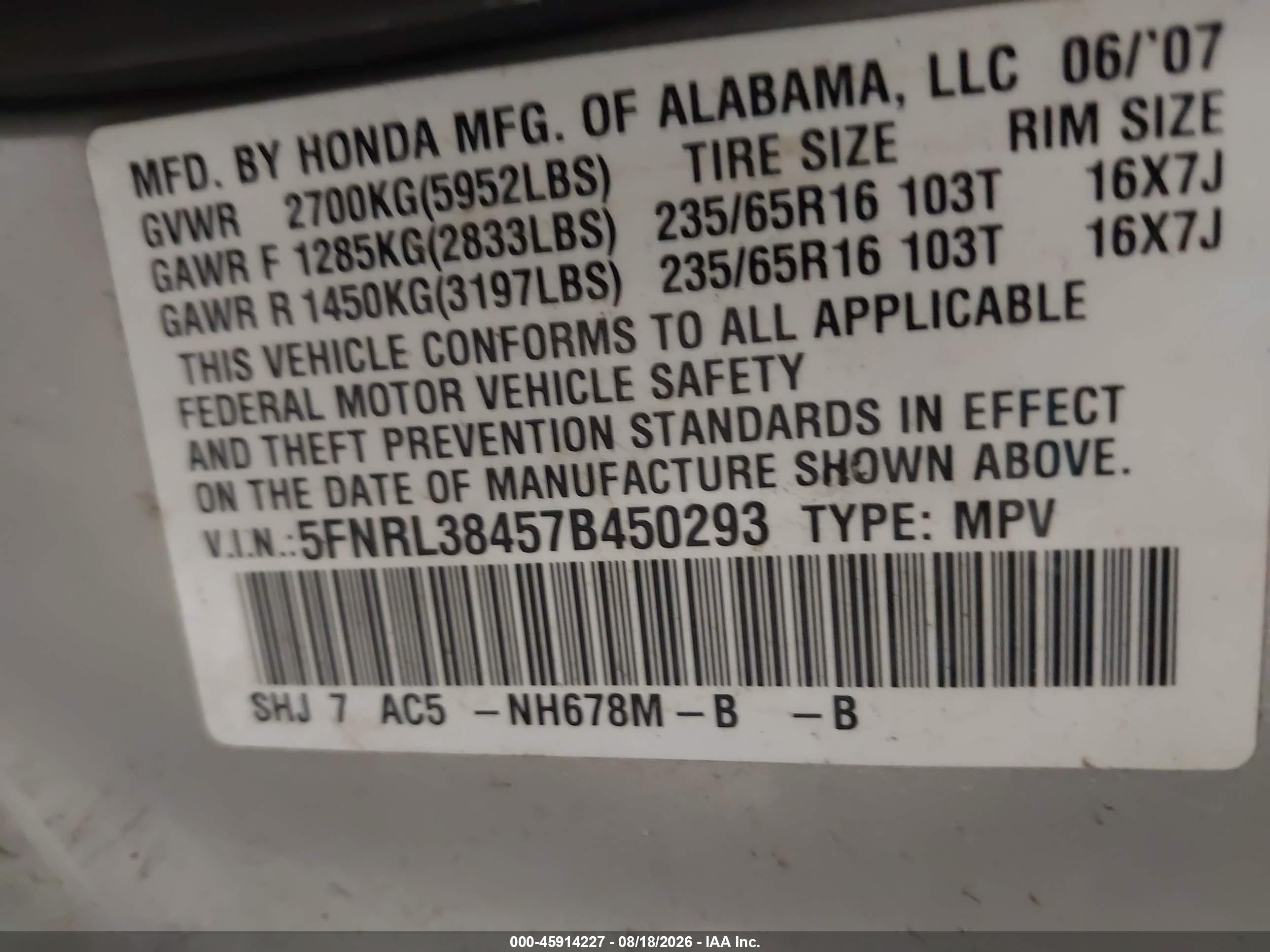 2007 Honda Odyssey Ex Silver vin: 5FNRL38457B450293