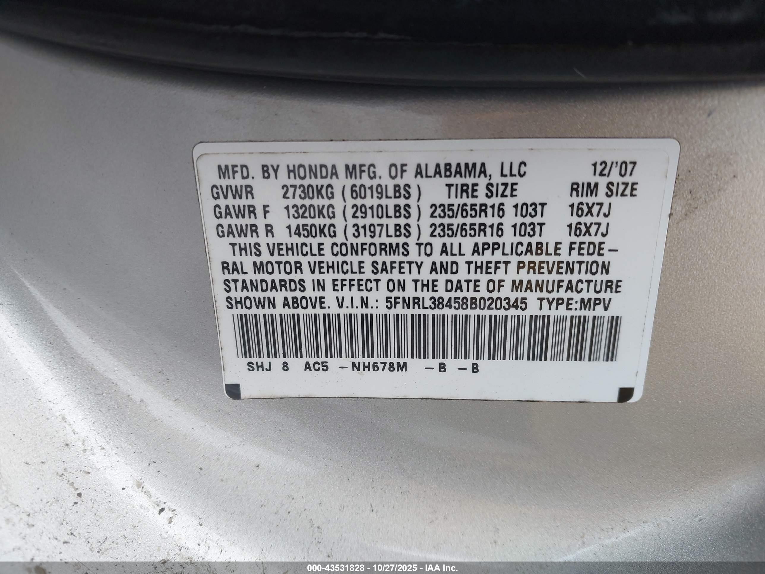 2008 Honda Odyssey Ex Silver vin: 5FNRL38458B020345