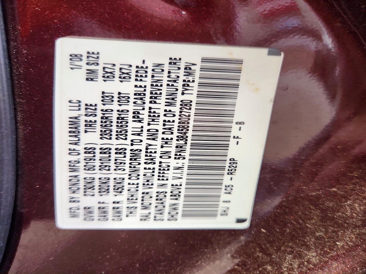 2008 Honda Odyssey Ex Maroon vin: 5FNRL38458B027280