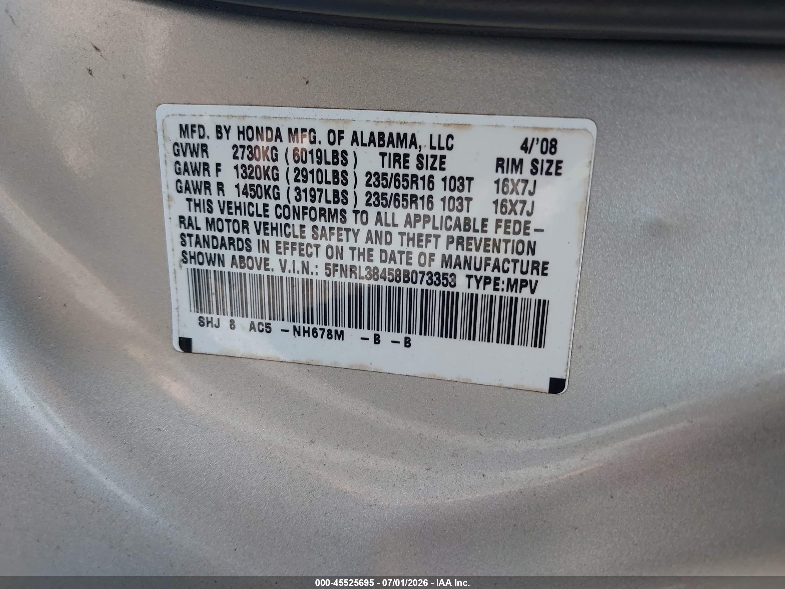 2008 Honda Odyssey Ex Silver vin: 5FNRL38458B073353