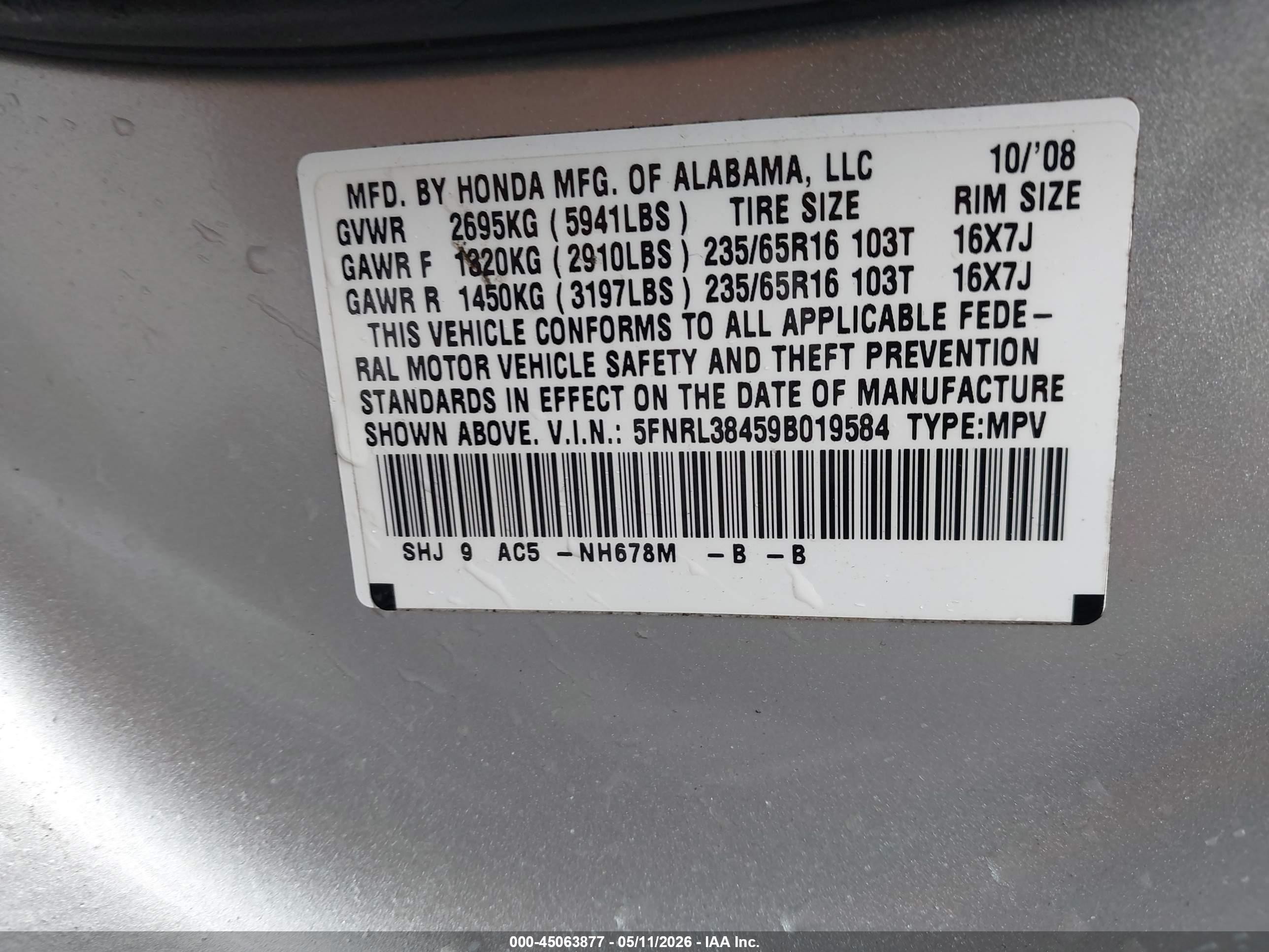 2009 Honda Odyssey Ex Gold vin: 5FNRL38459B019584
