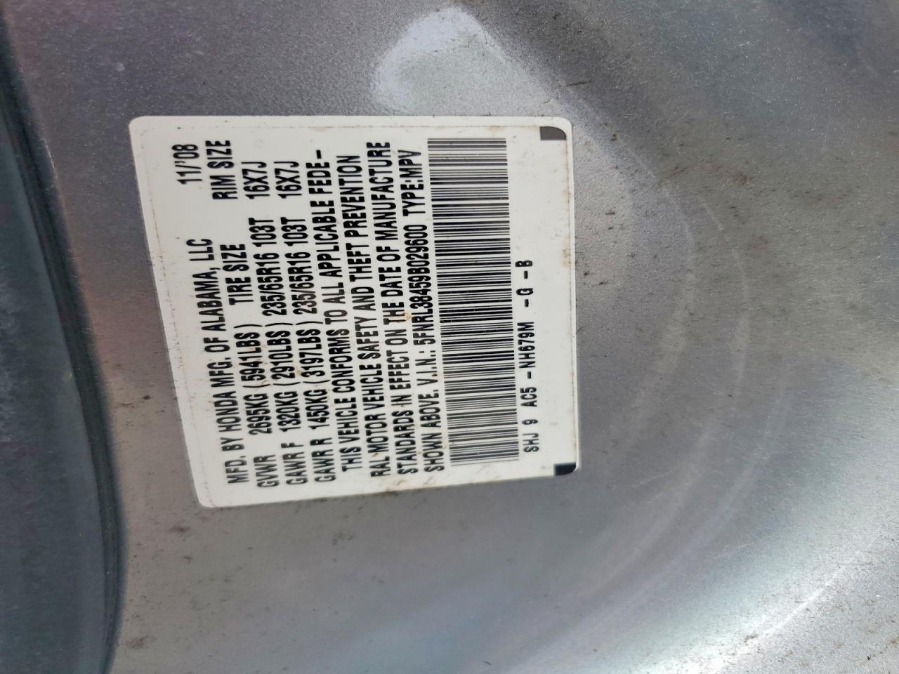 2009 Honda Odyssey Ex Silver vin: 5FNRL38459B029600