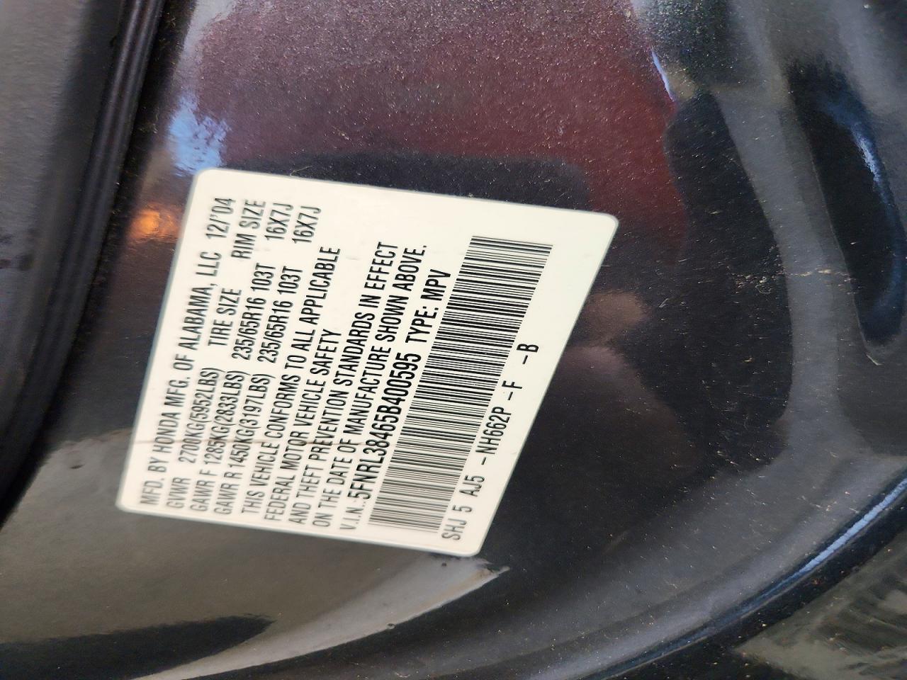 2005 Honda Odyssey Ex Charcoal vin: 5FNRL38465B400595