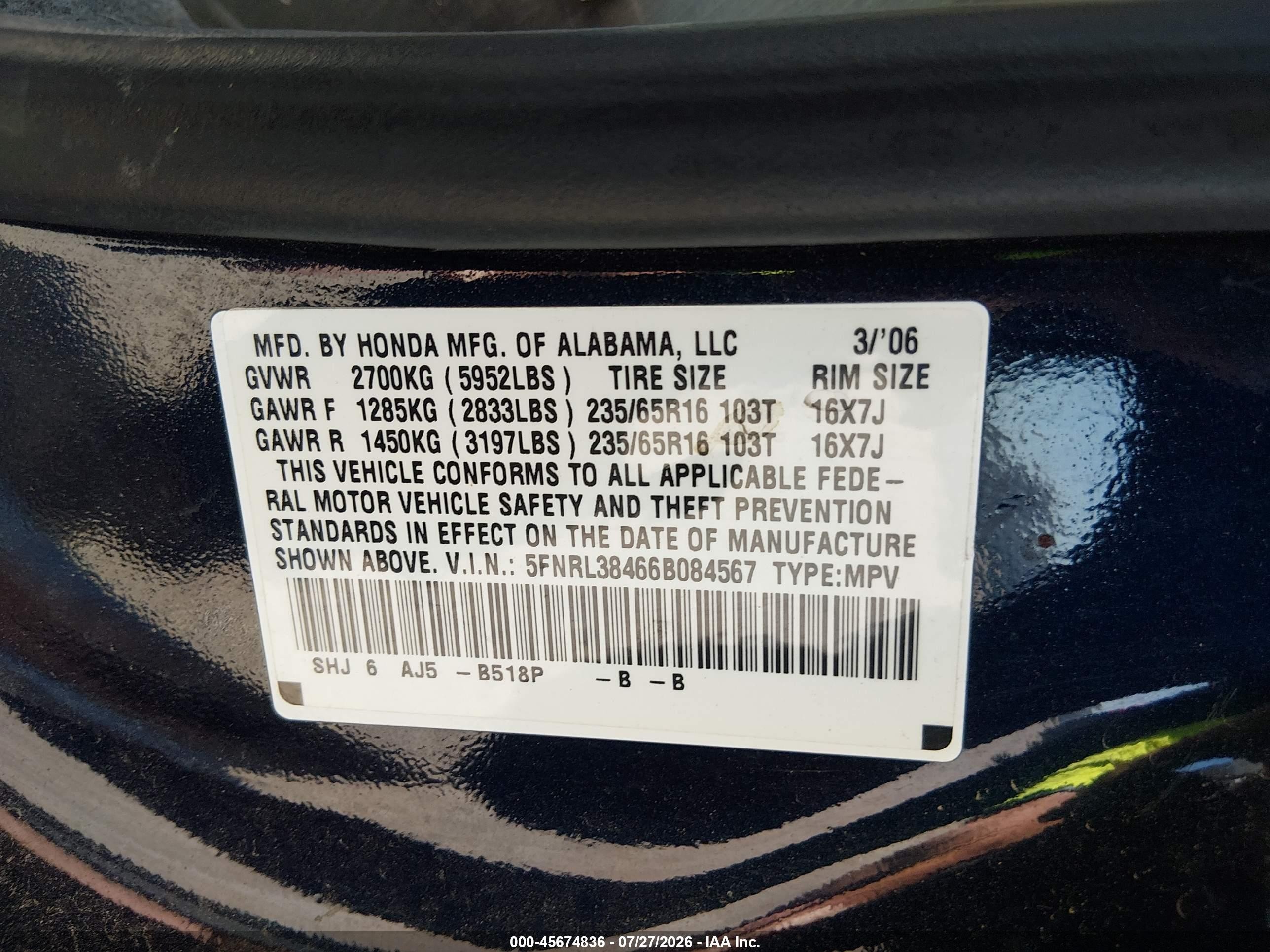 2006 Honda Odyssey Ex Blue vin: 5FNRL38466B084567