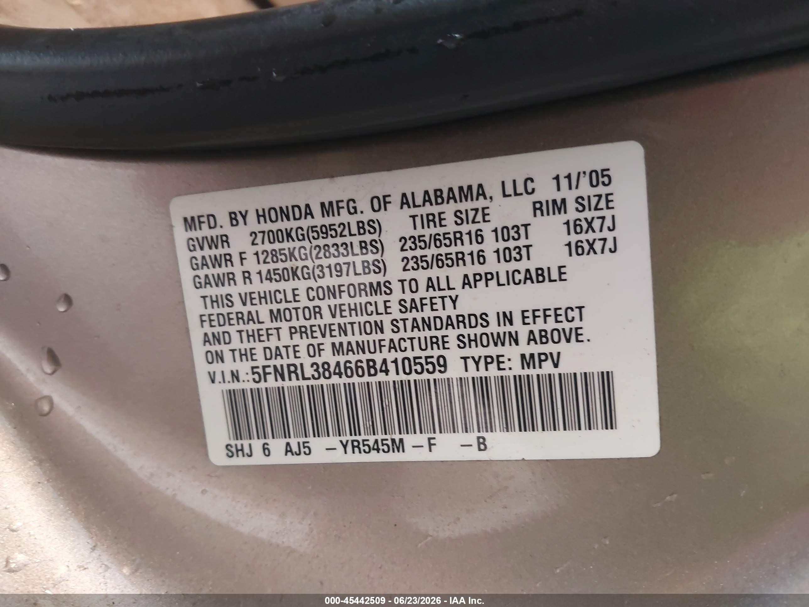 2006 Honda Odyssey Ex Gold vin: 5FNRL38466B410559