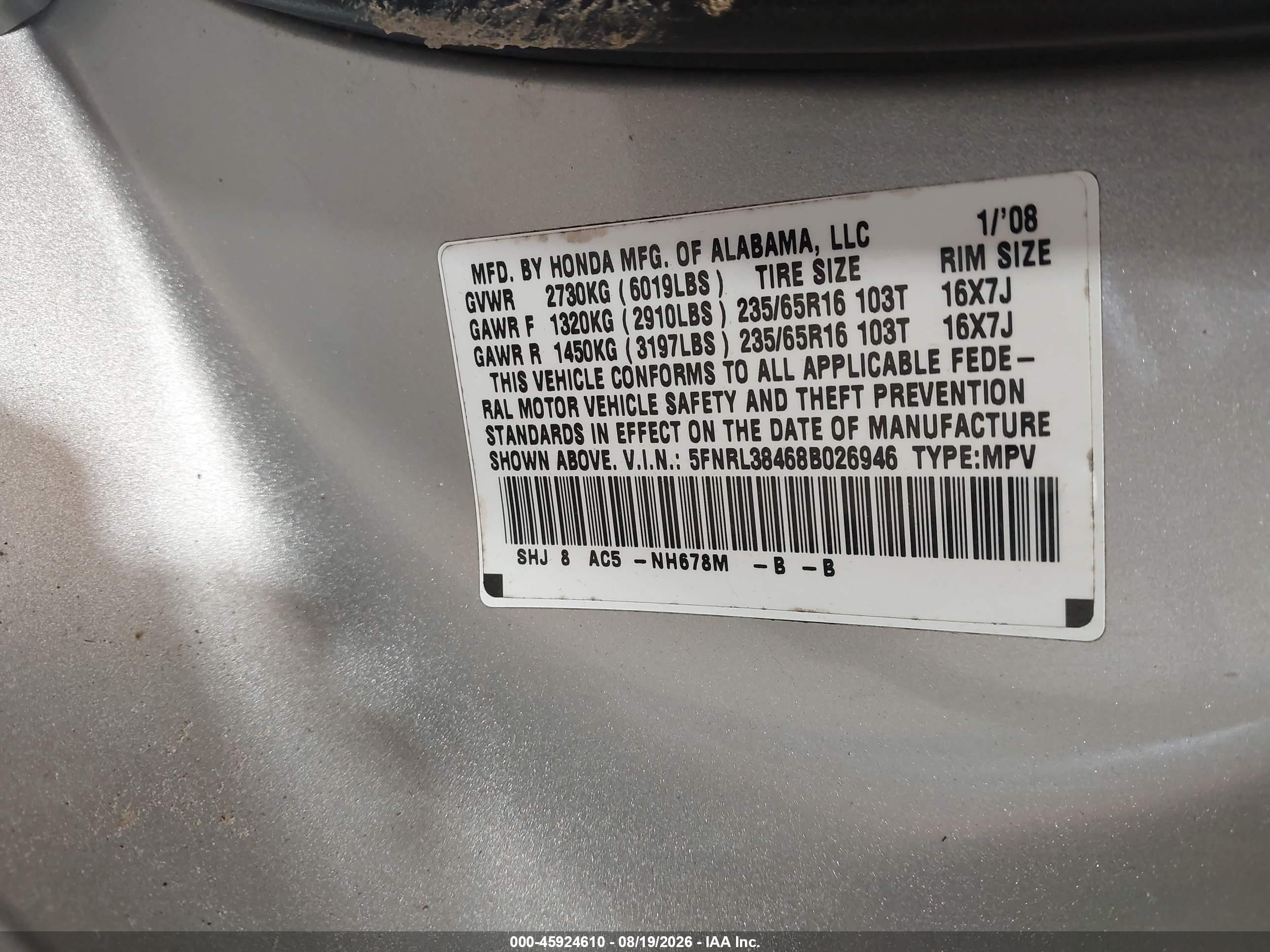 2008 Honda Odyssey Ex Silver vin: 5FNRL38468B026946