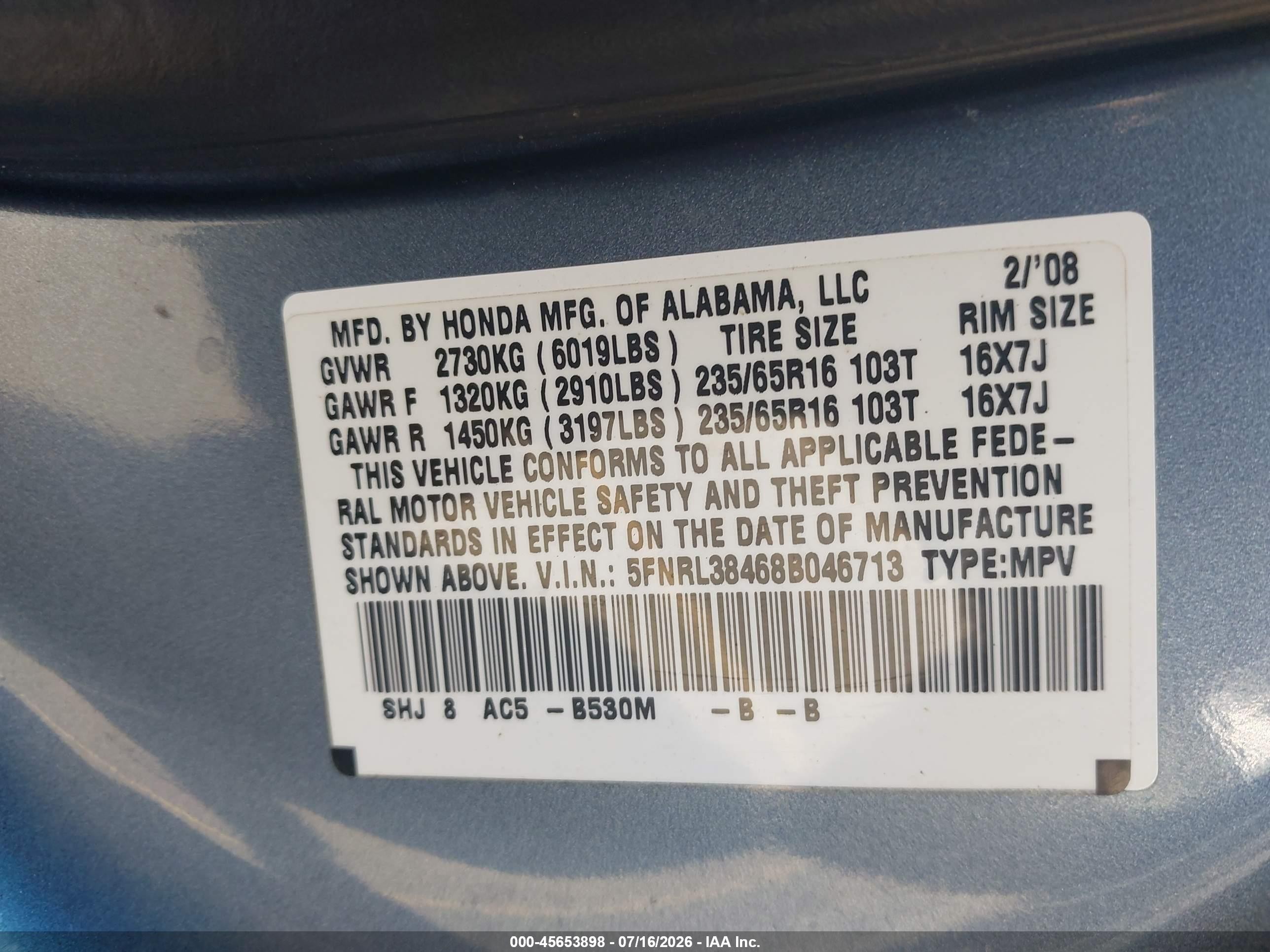 2008 Honda Odyssey Ex Light Blue vin: 5FNRL38468B046713