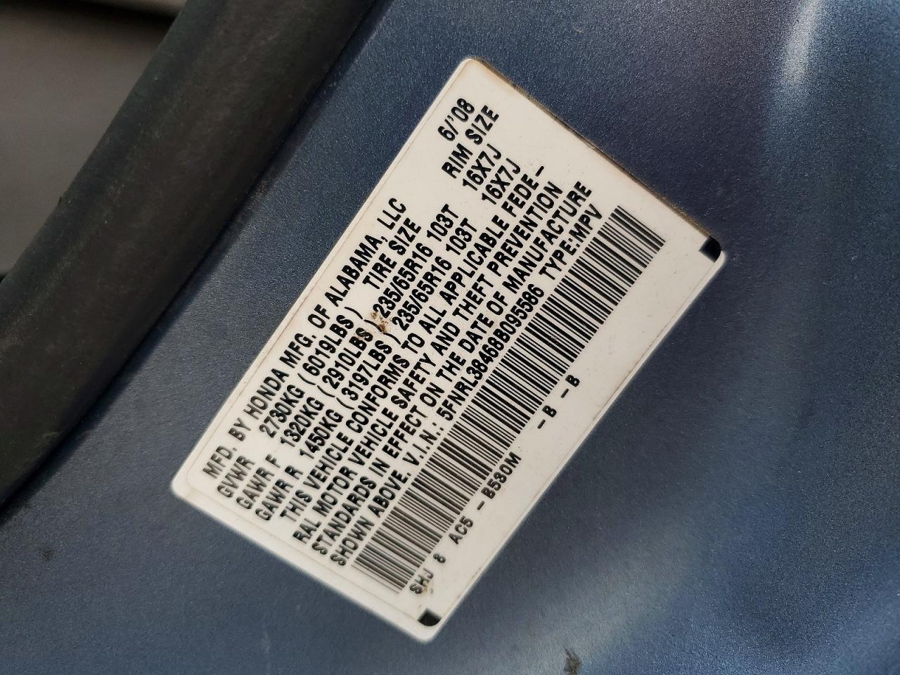 2008 Honda Odyssey Ex Blue vin: 5FNRL38468B095586
