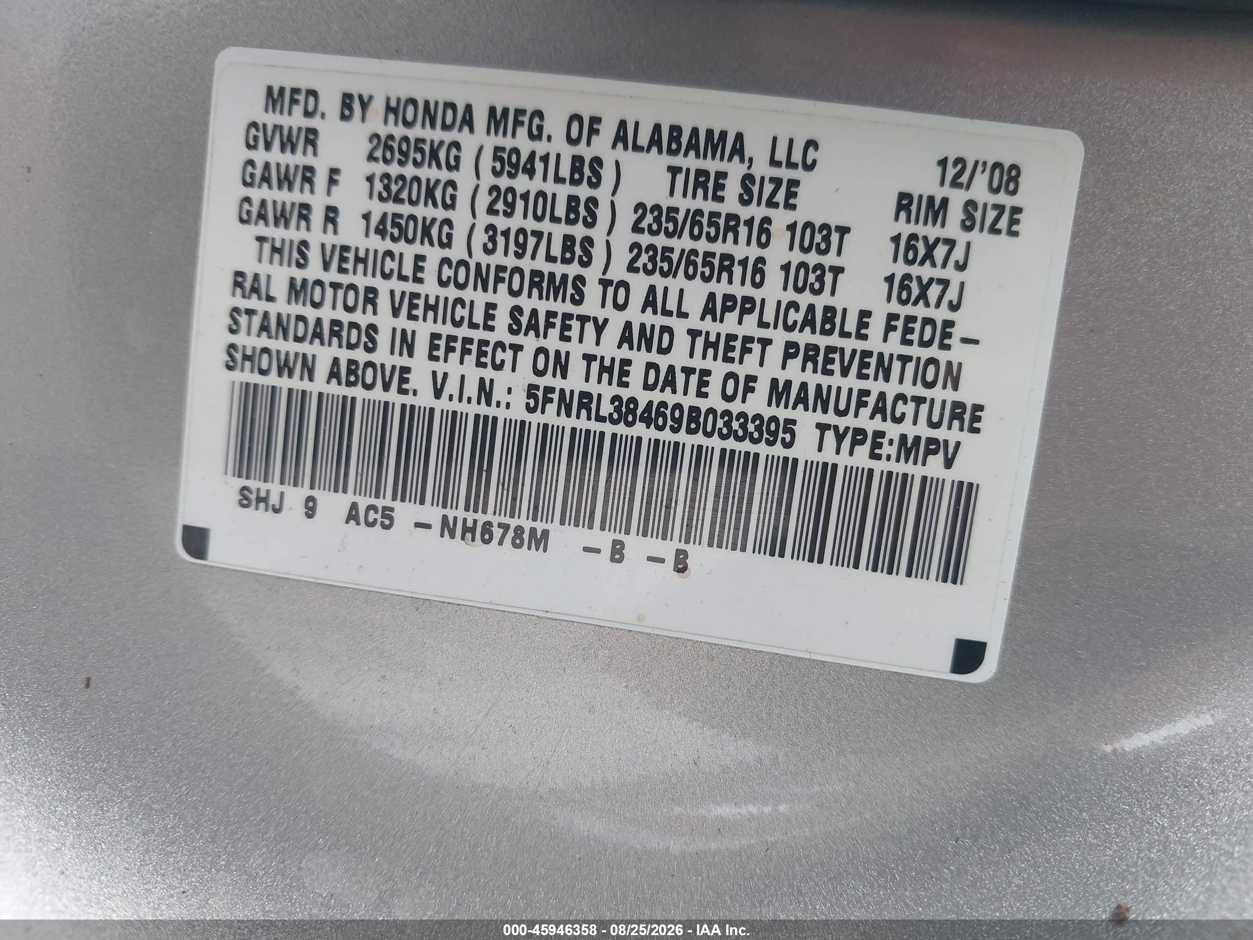 2009 Honda Odyssey Ex Silver vin: 5FNRL38469B033395