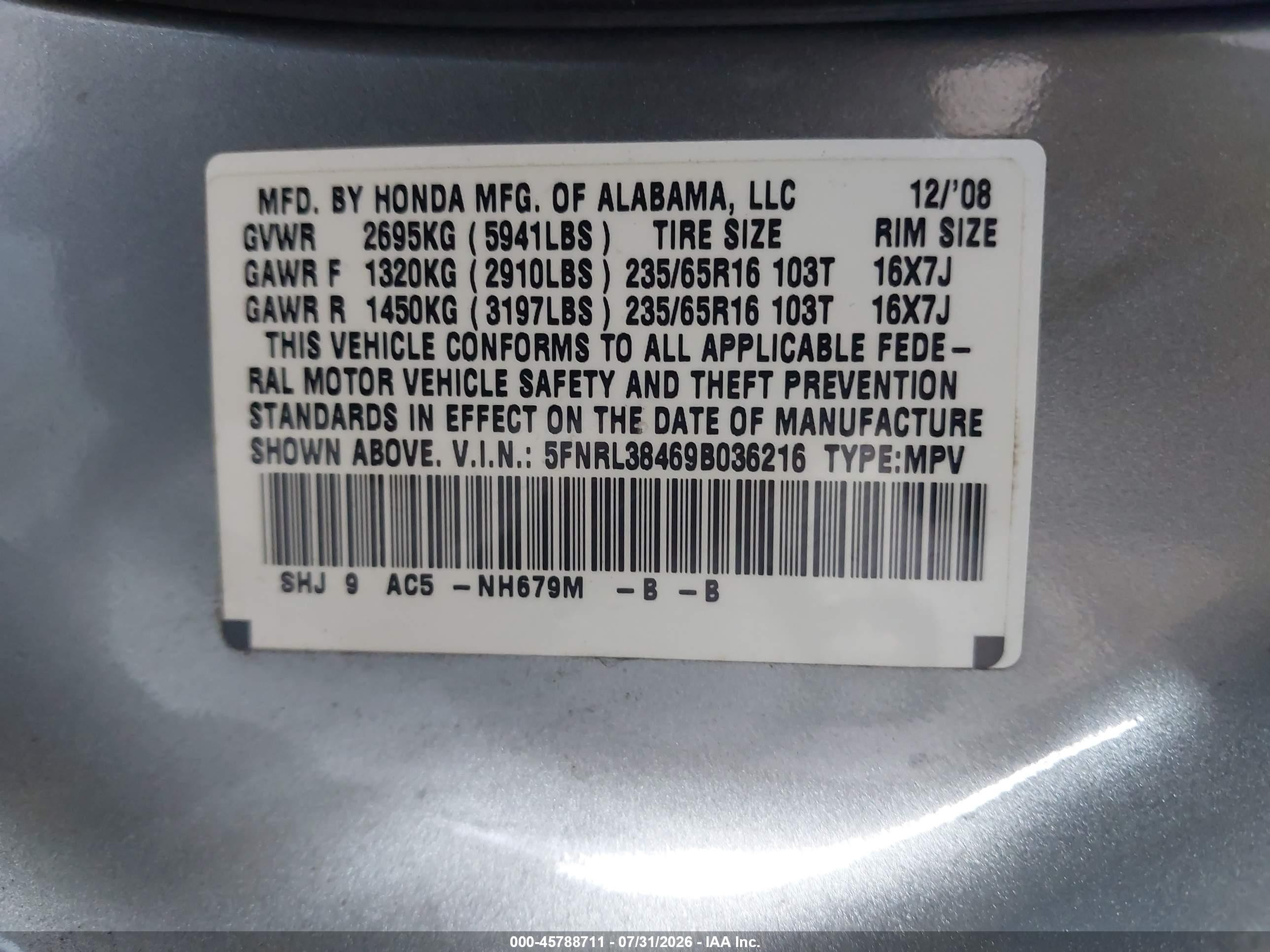 2009 Honda Odyssey Ex Silver vin: 5FNRL38469B036216