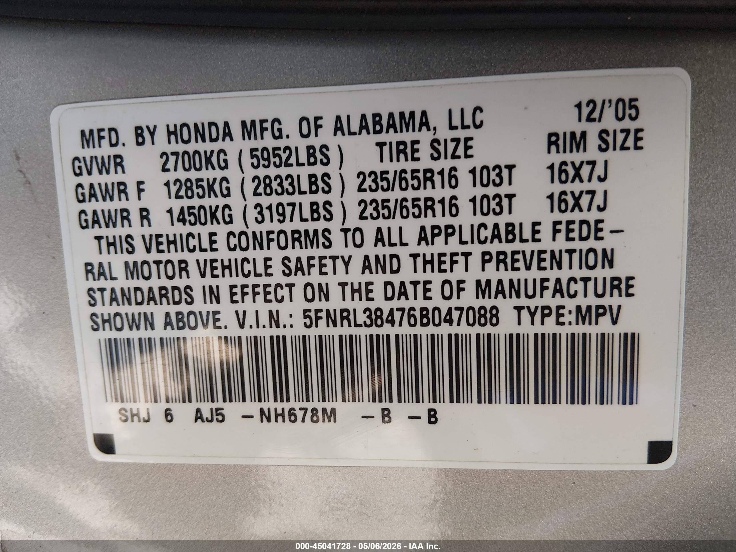 2006 Honda Odyssey Ex Silver vin: 5FNRL38476B047088