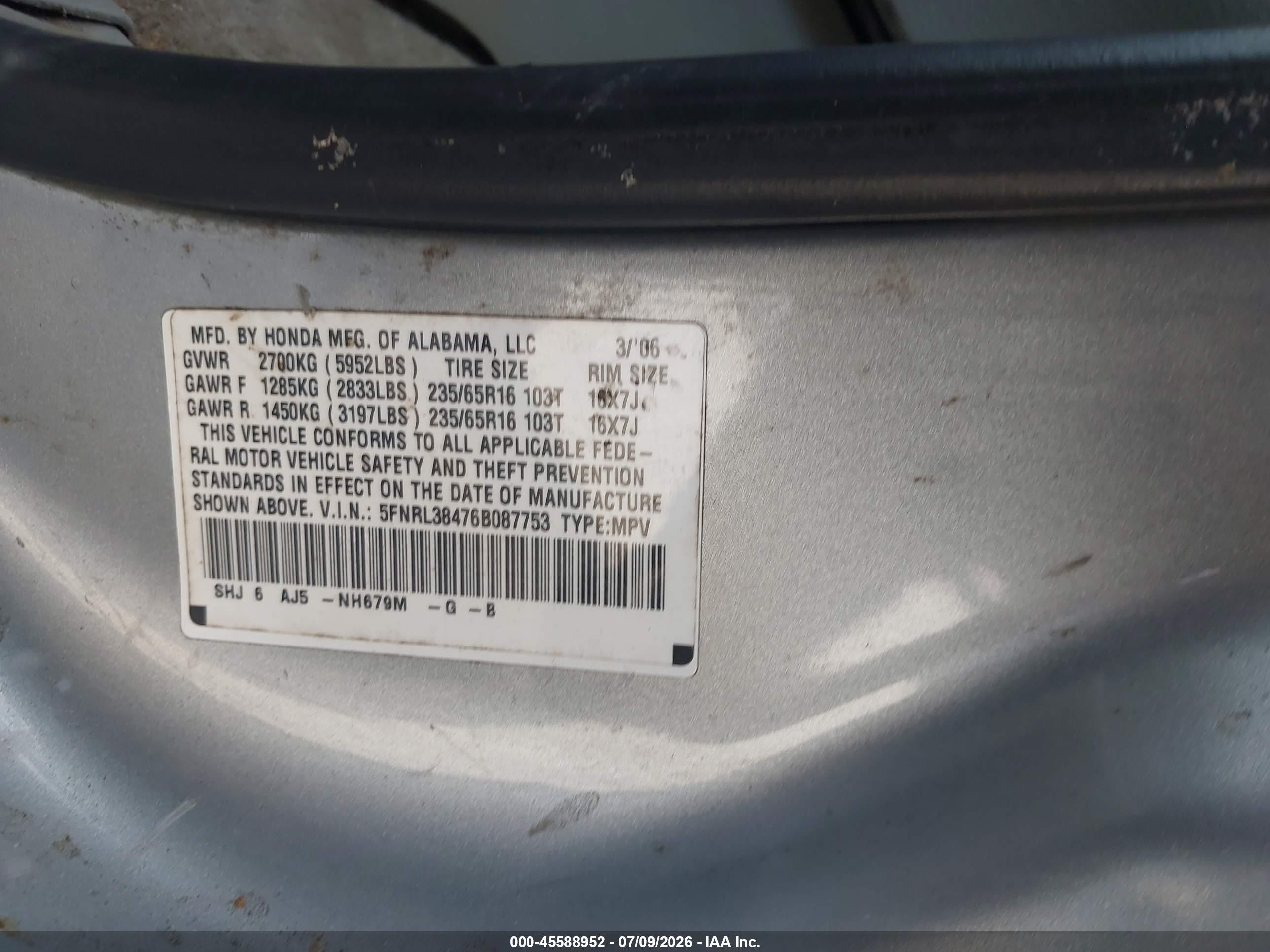 2006 Honda Odyssey Ex Silver vin: 5FNRL38476B087753