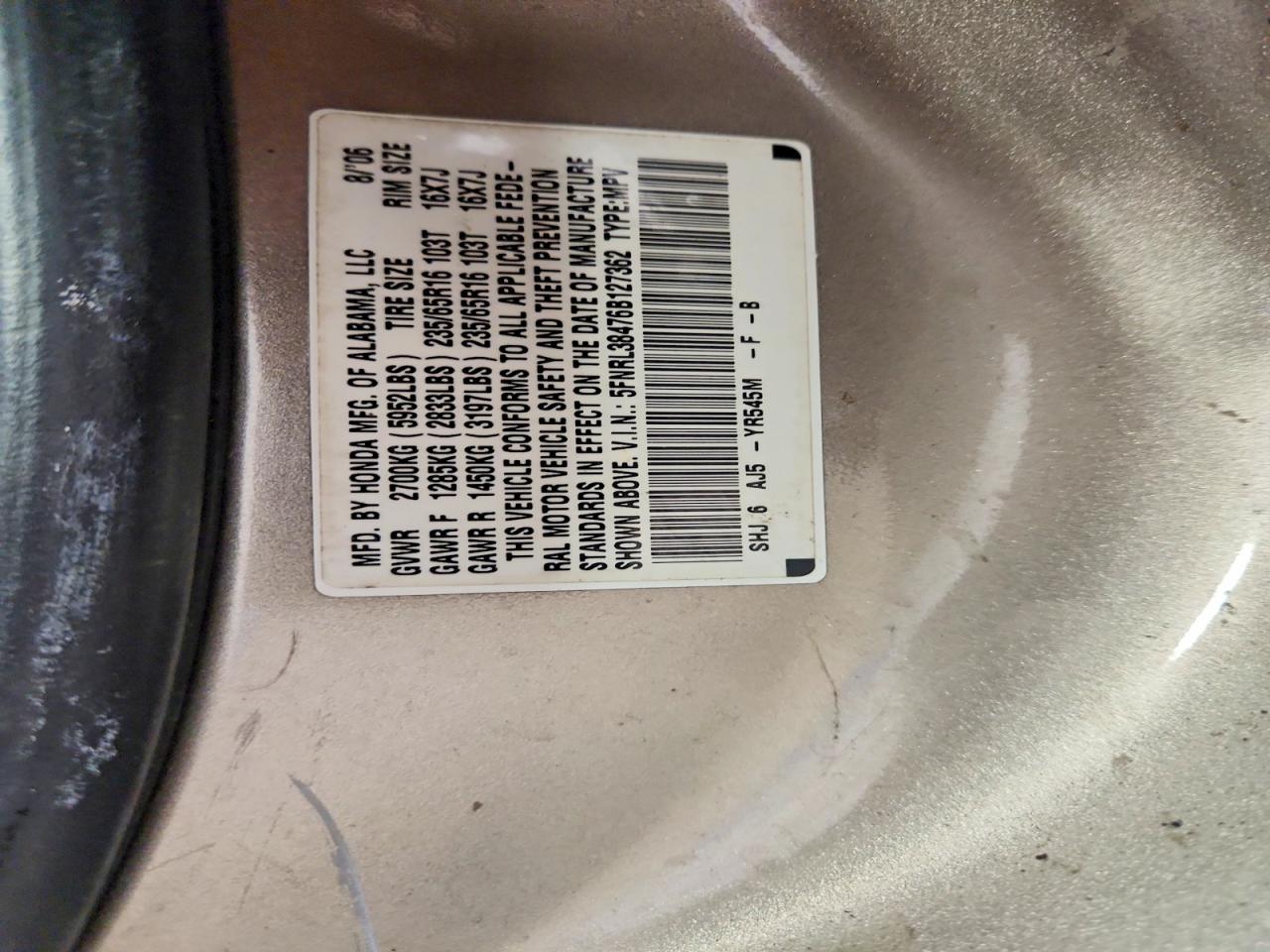 2006 Honda Odyssey Ex Tan vin: 5FNRL38476B127362