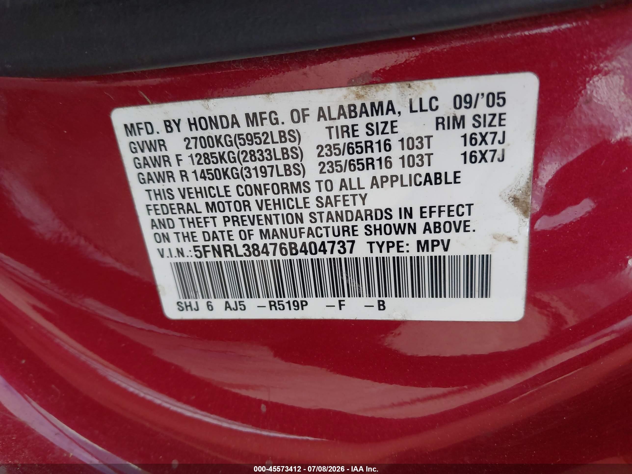 2006 Honda Odyssey Ex Burgundy vin: 5FNRL38476B404737
