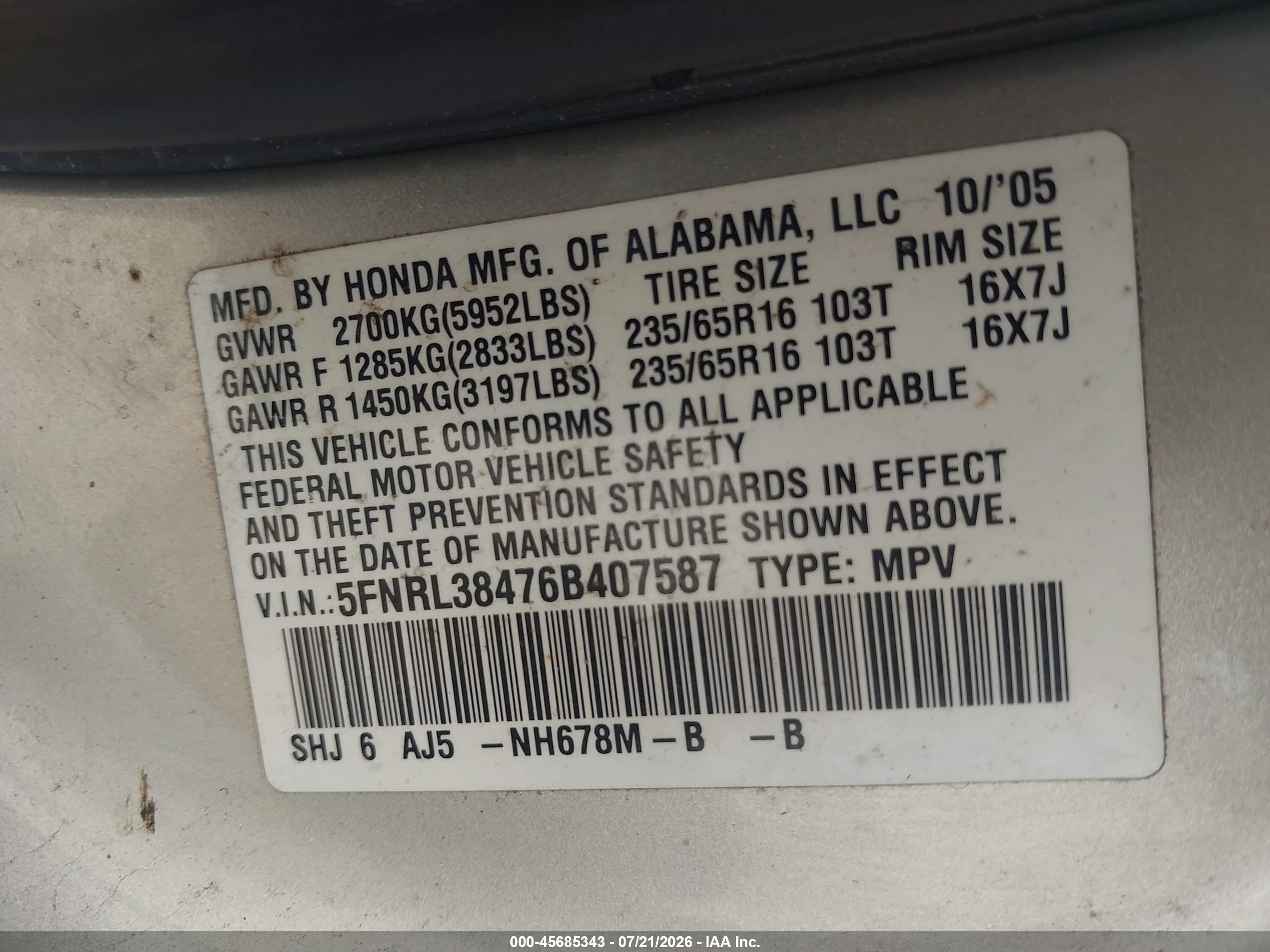 2006 Honda Odyssey Ex Silver vin: 5FNRL38476B407587