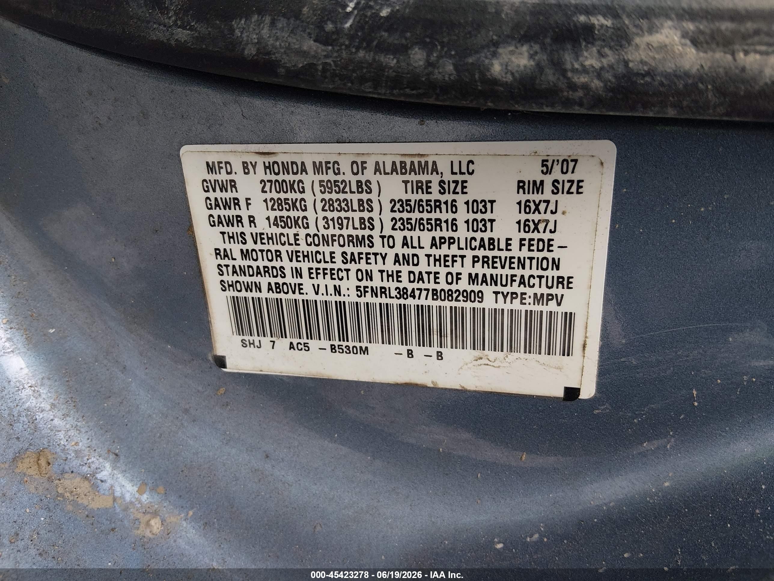 2007 Honda Odyssey Ex Blue vin: 5FNRL38477B082909