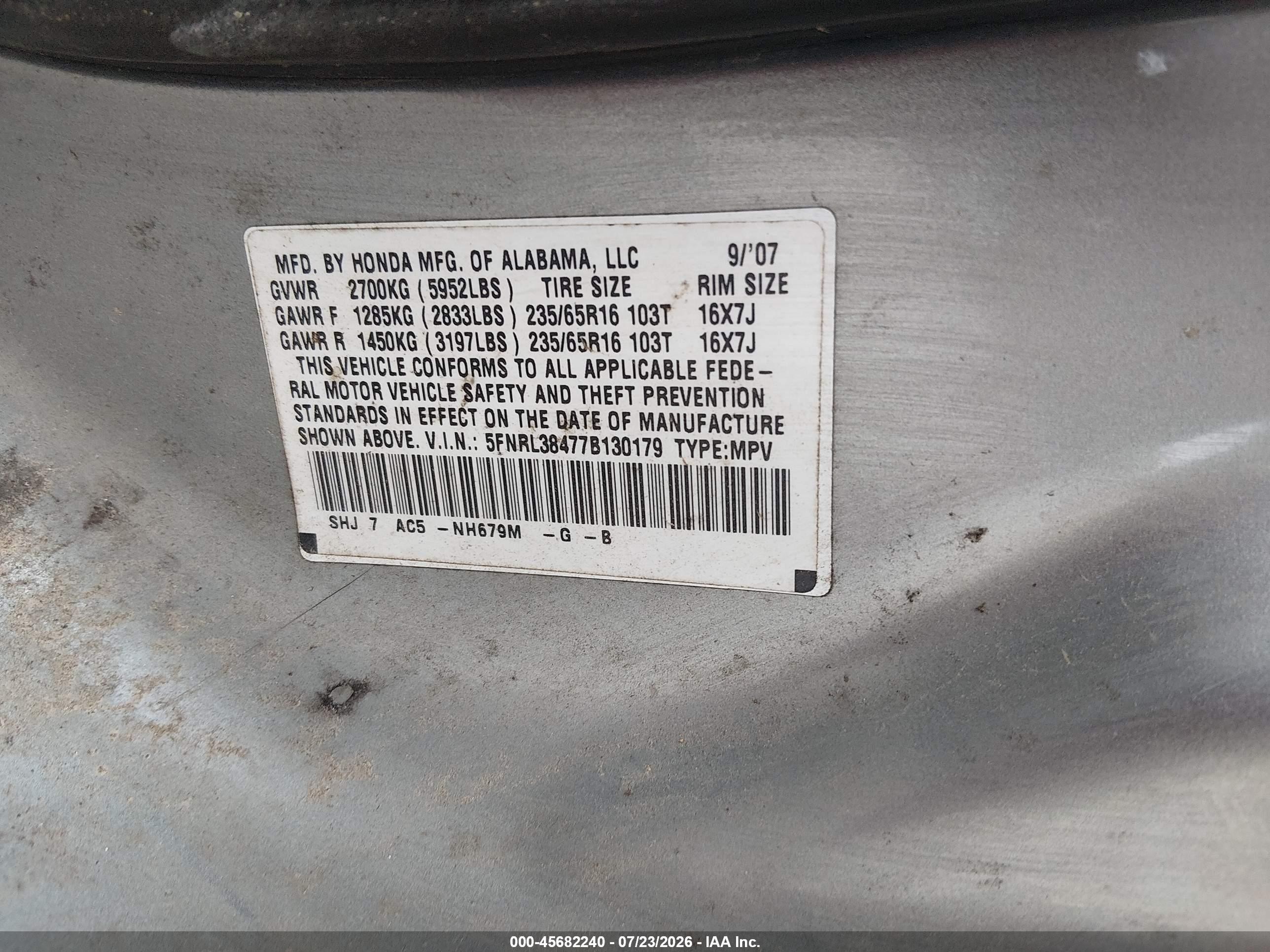 2007 Honda Odyssey Ex Silver vin: 5FNRL38477B130179