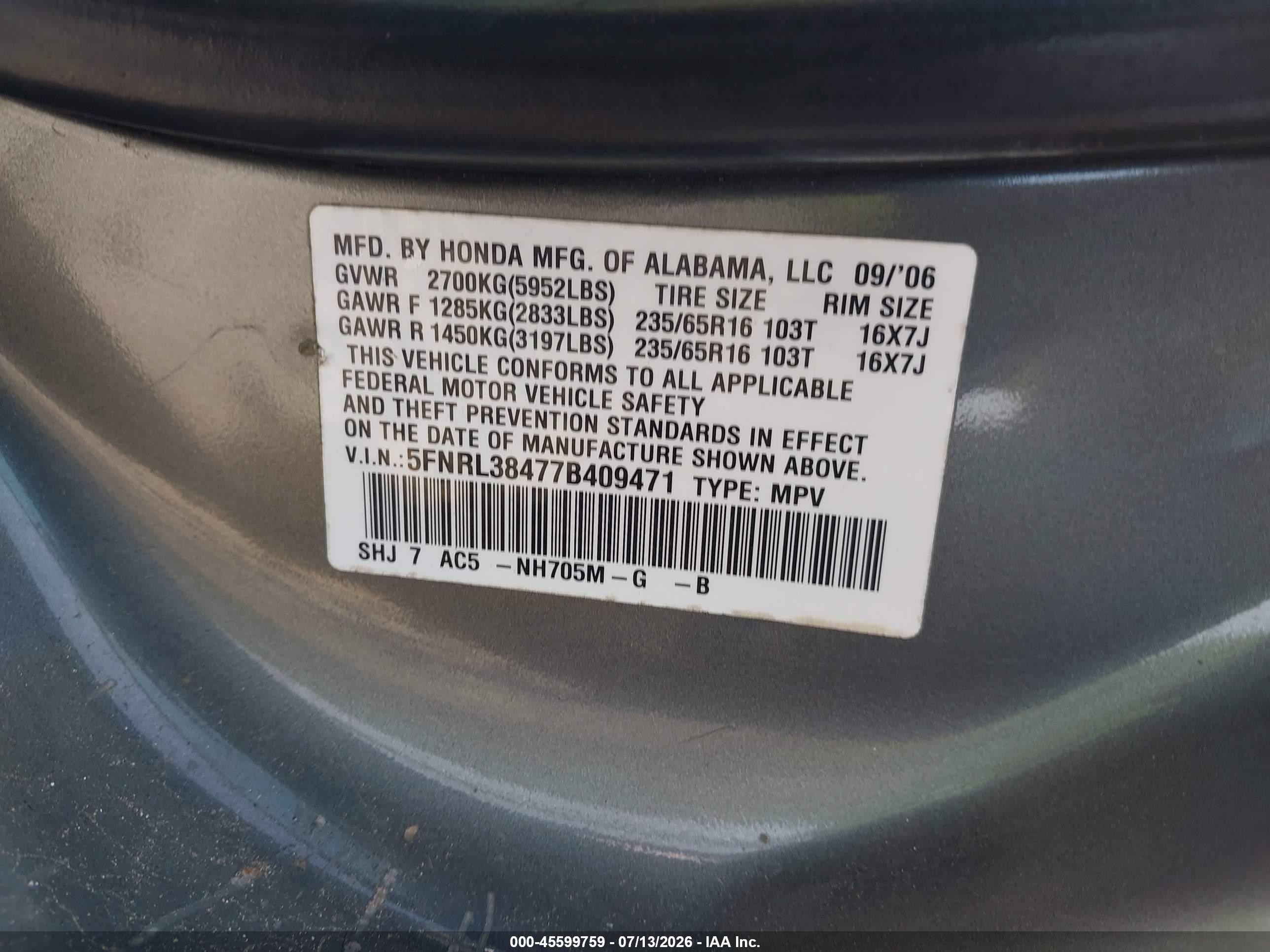 2007 Honda Odyssey Ex Gray vin: 5FNRL38477B409471