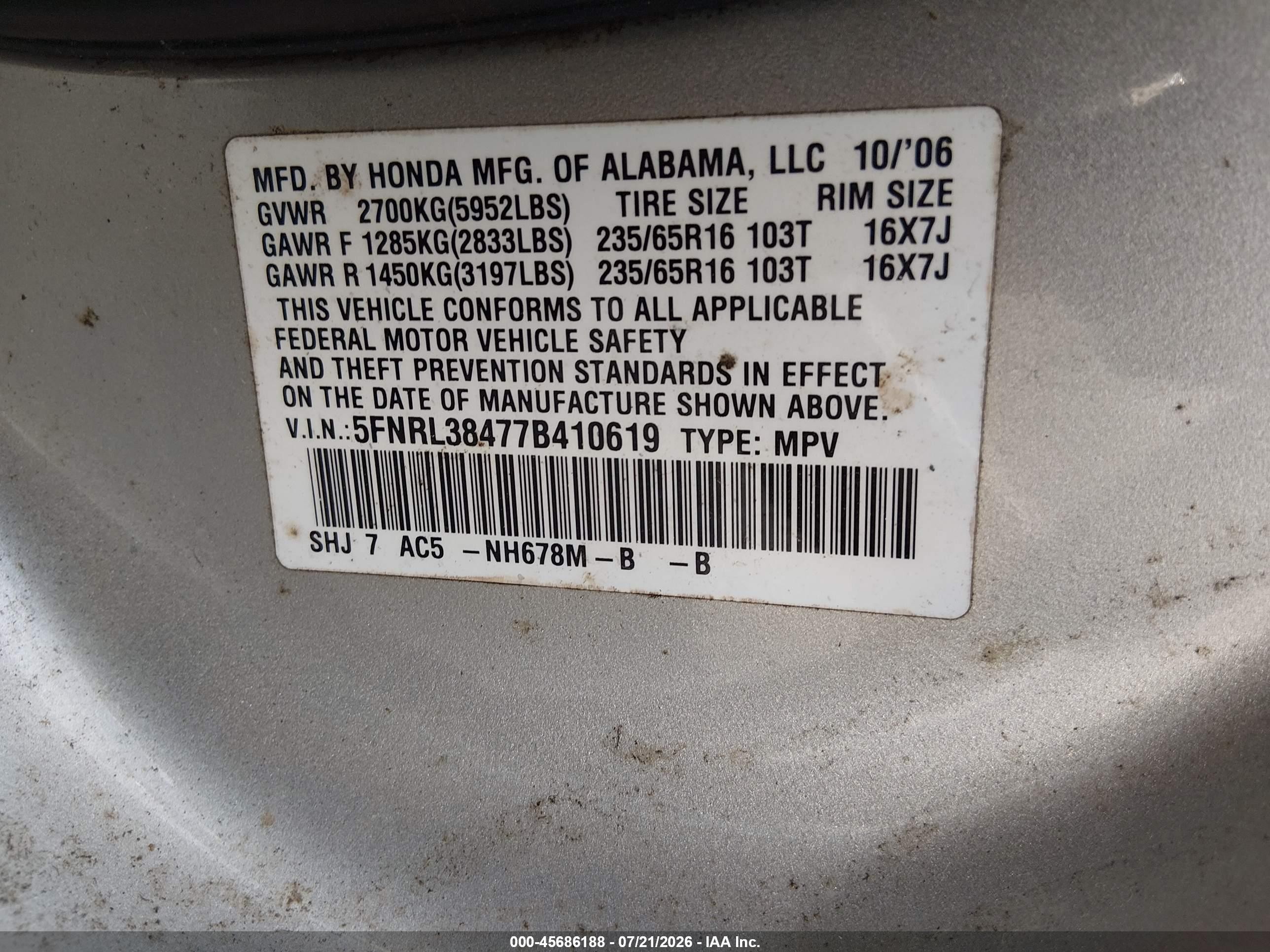 2007 Honda Odyssey Ex Silver vin: 5FNRL38477B410619