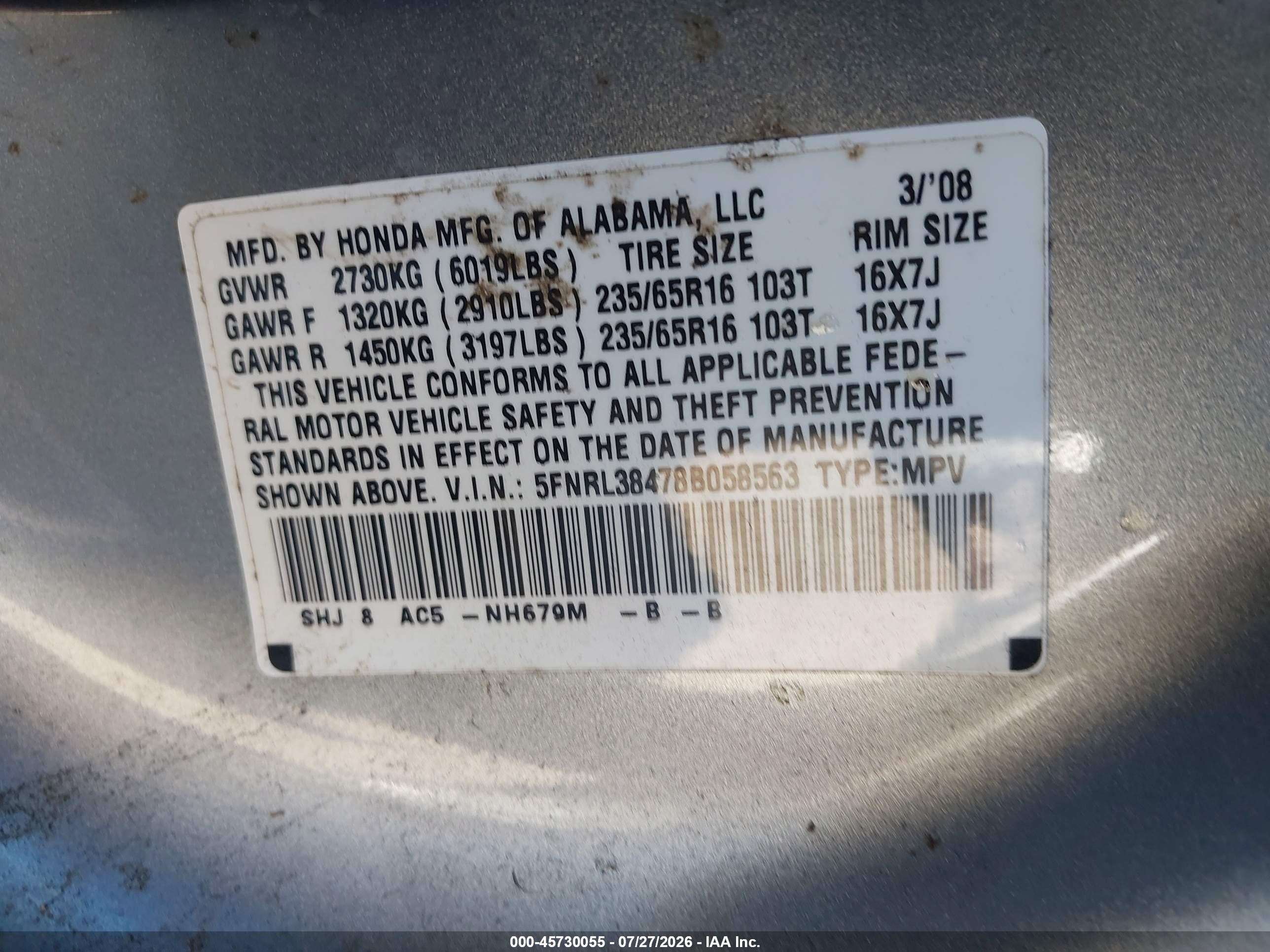 2008 Honda Odyssey Ex Light Blue vin: 5FNRL38478B058563