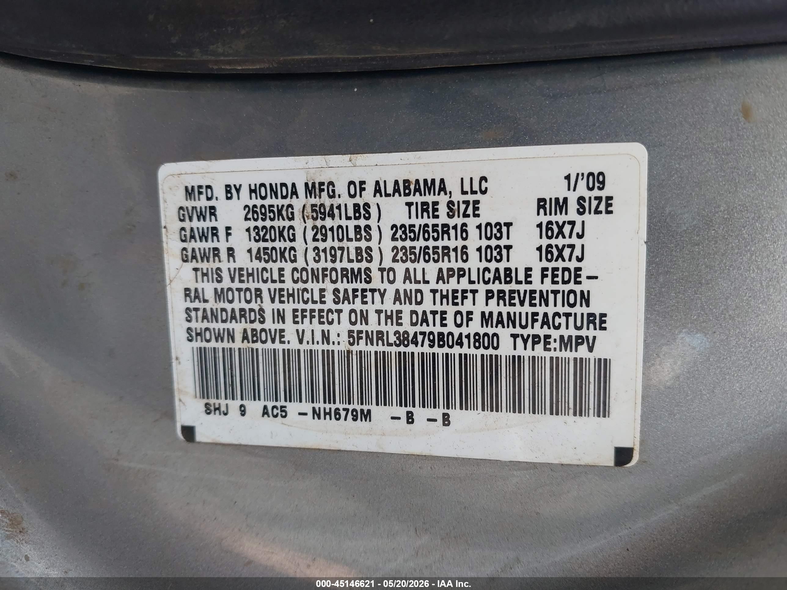 2009 Honda Odyssey Ex Light Blue vin: 5FNRL38479B041800