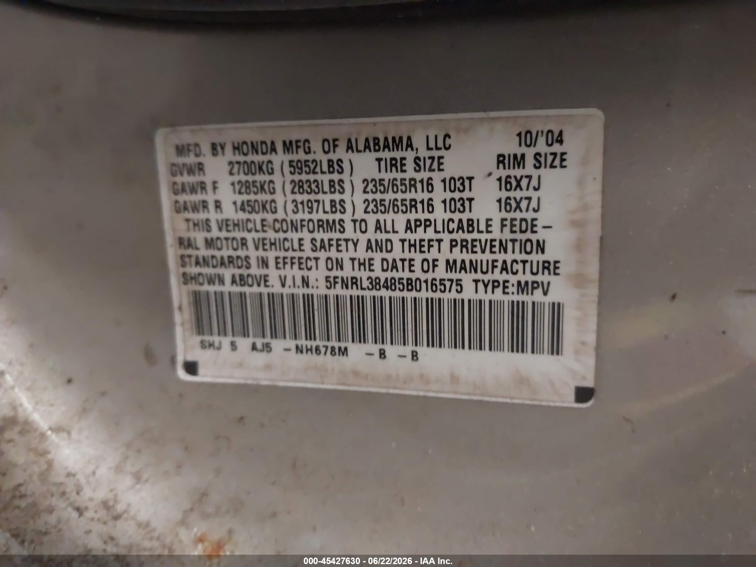 2005 Honda Odyssey Ex Silver vin: 5FNRL38485B016575