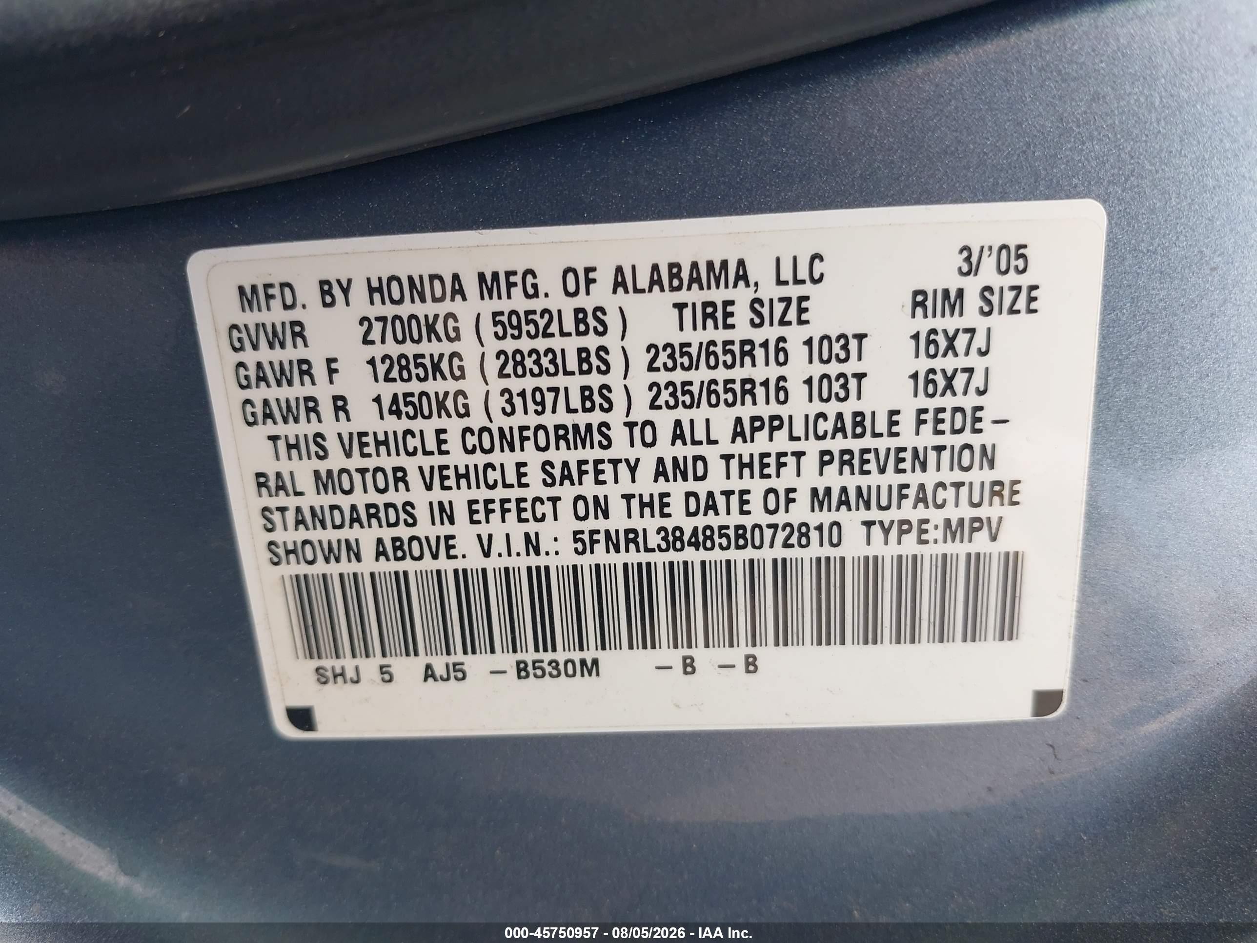 2005 Honda Odyssey Ex Blue vin: 5FNRL38485B072810